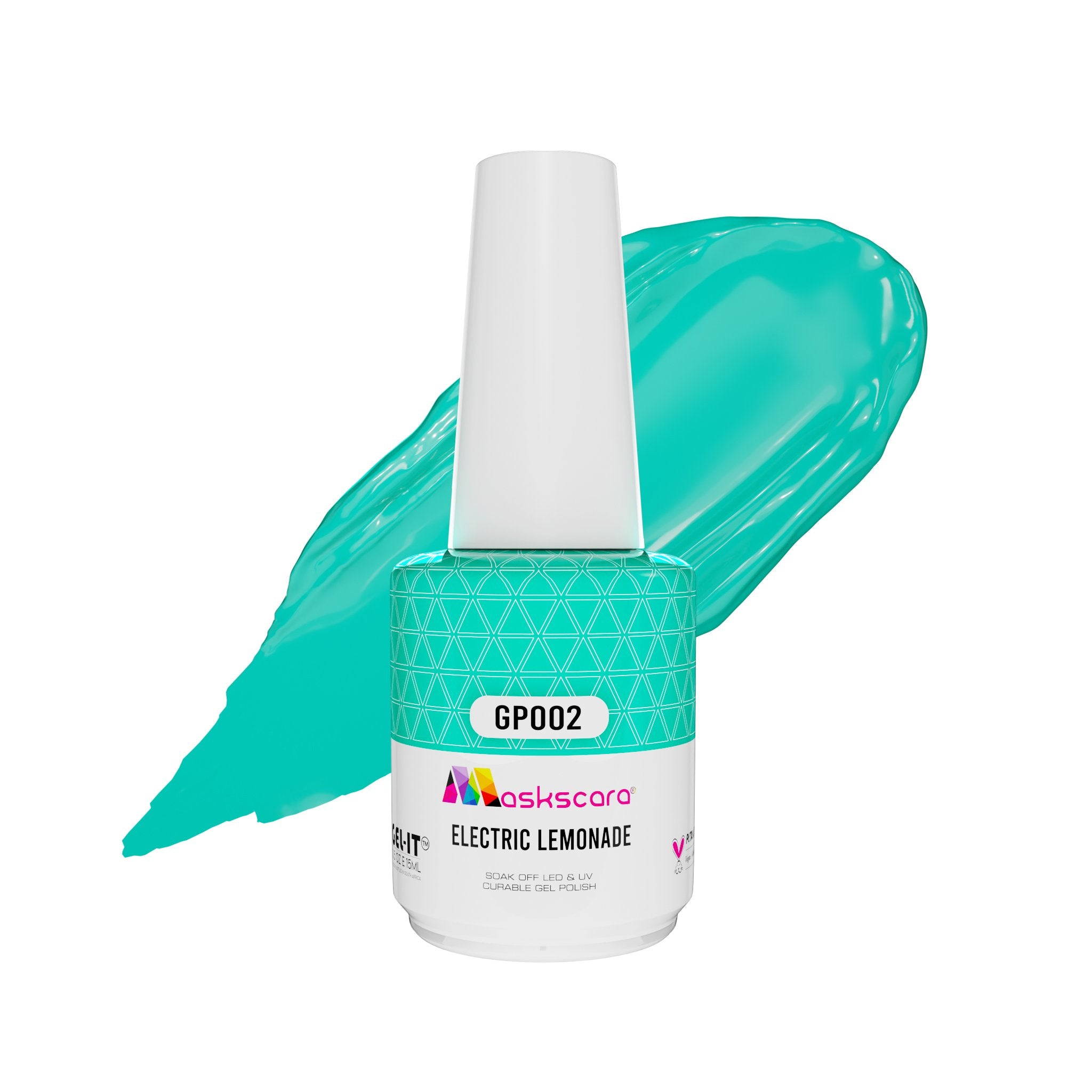 <img scr = “ GP002 Electric Lemonade.jpeg” alt = “Turquoise blue gel polish colour by the brand Maskscara”>