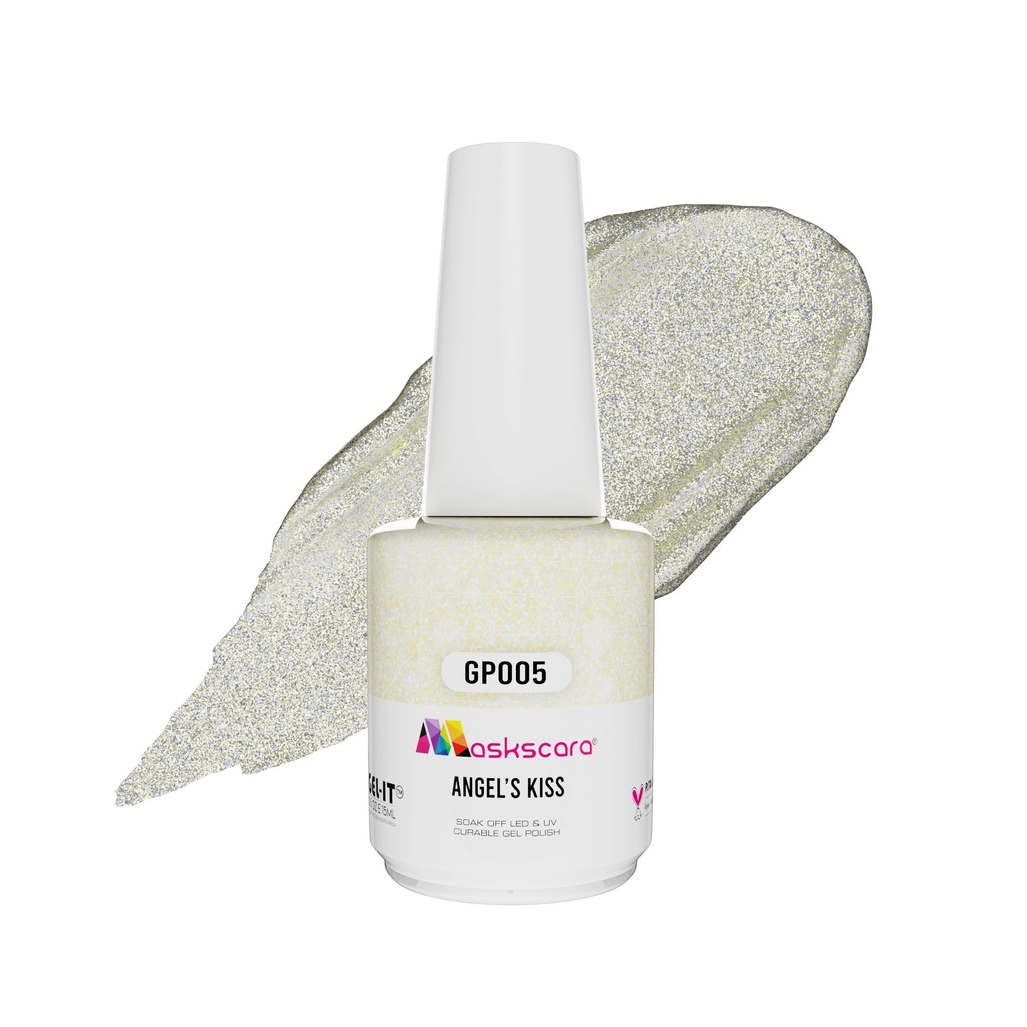 <img scr = “ GP005 Angels Kiss.jpeg” alt = “Fine gold glitter gel polish colour by the brand Maskscara”>