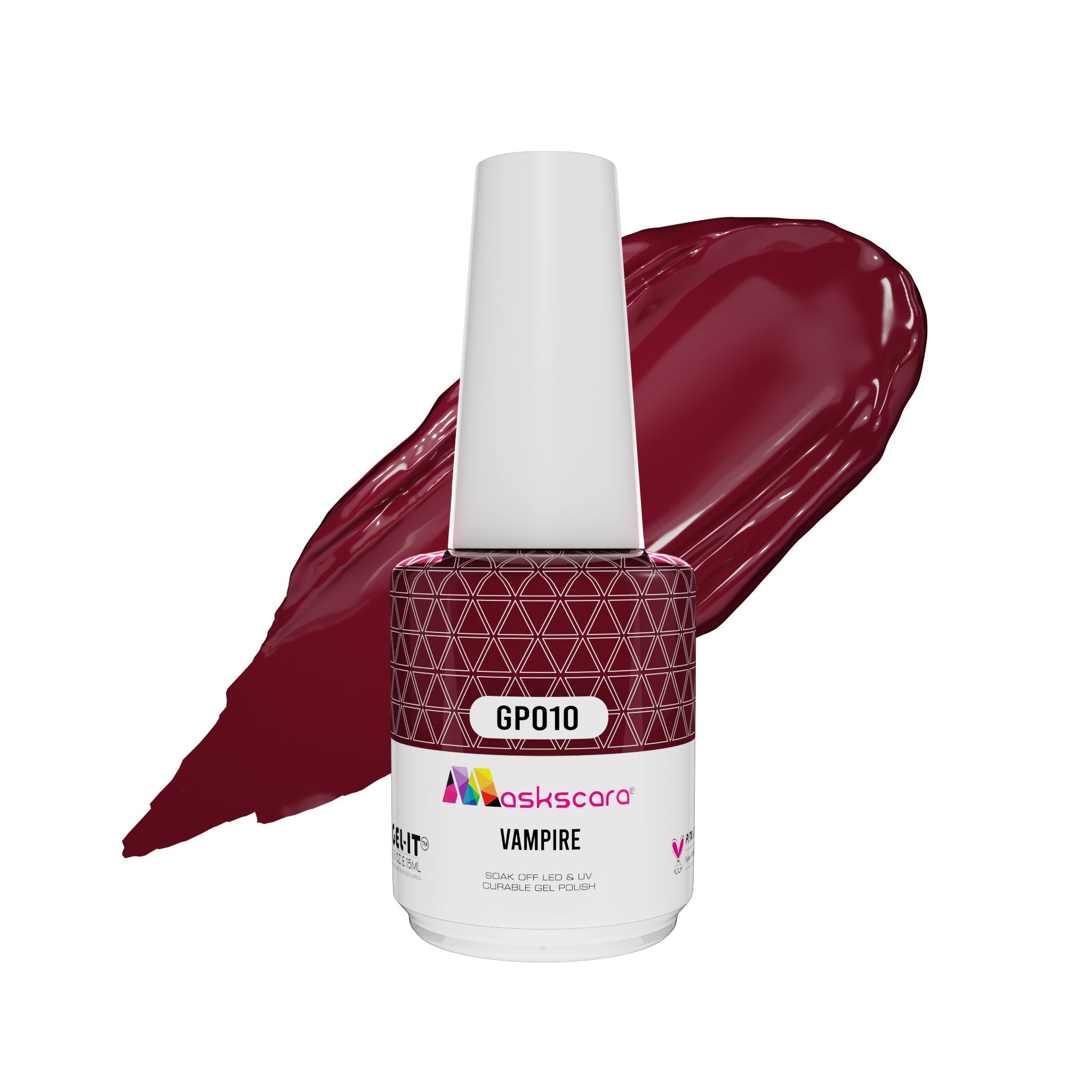 <img scr = “ GP010 Vampire.jpeg” alt = “Dark Red gel polish colour by the brand Maskscara”>