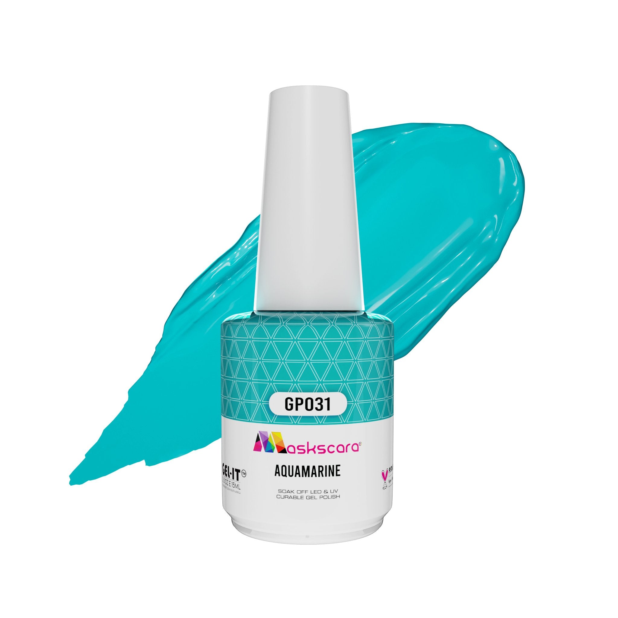 <img scr = “ GP031 Aquamarine.jpeg” alt = “Teal gel polish colour by the brand Maskscara”>