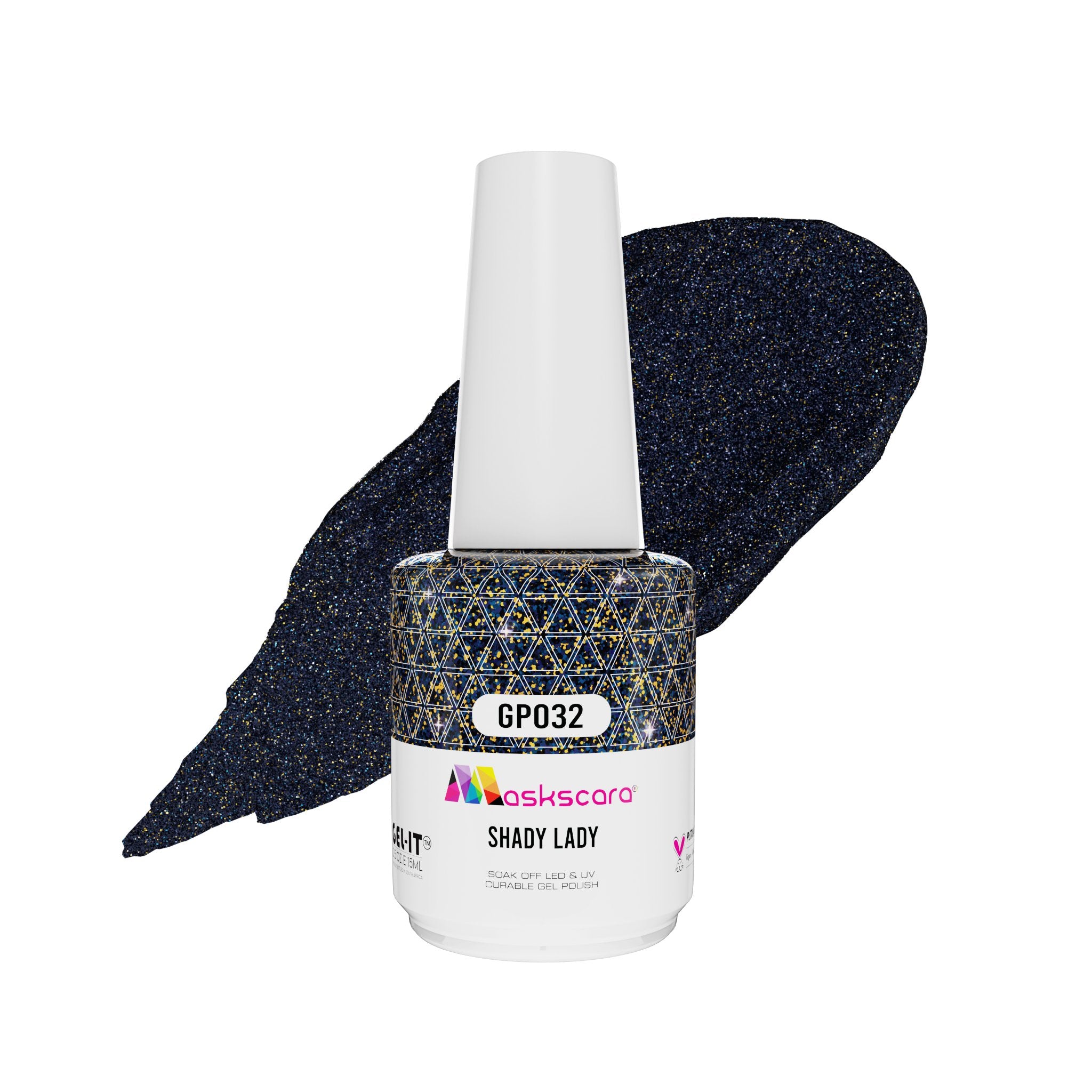 <img scr = “ GP032 Shady Lady.jpeg” alt = “Gunmetal Shimmer gel polish colour by the brand Maskscara”>