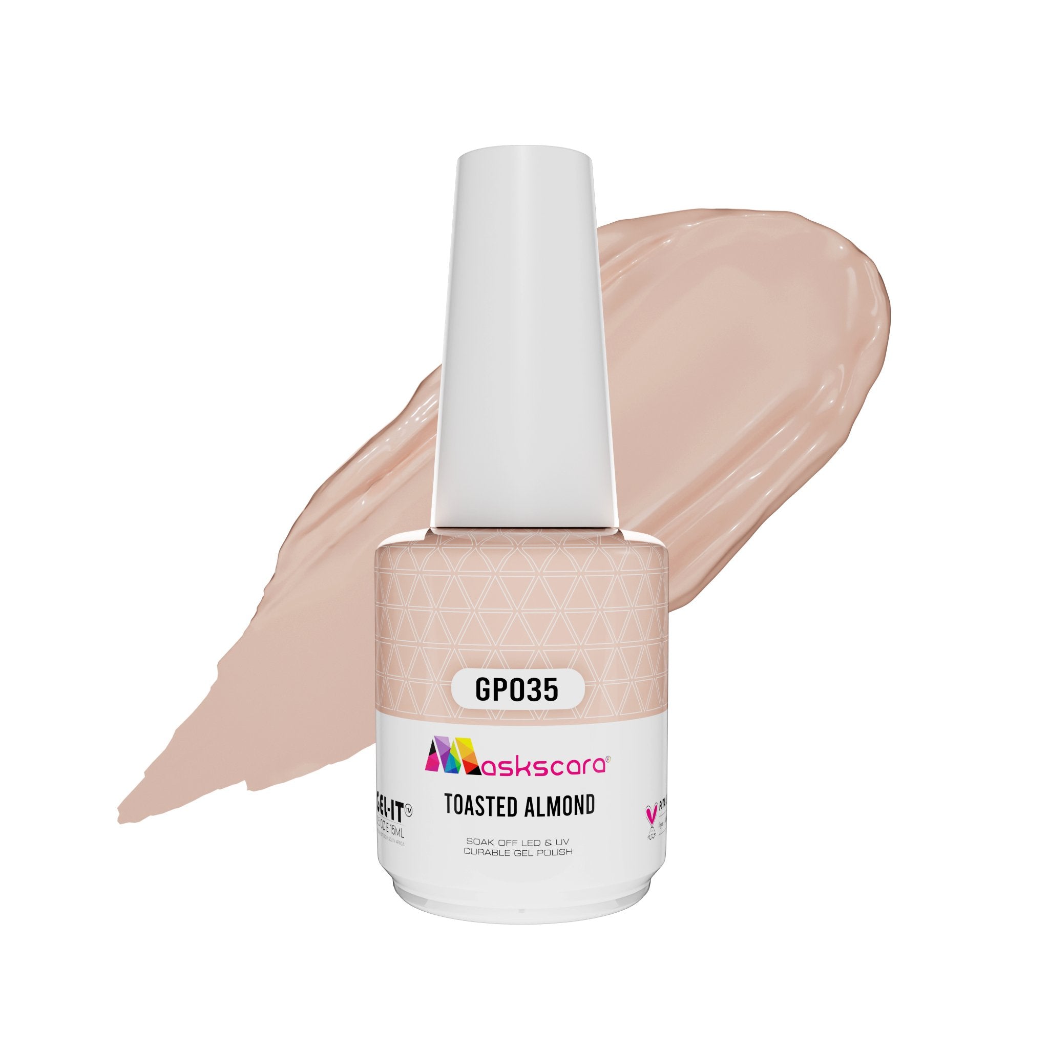 <img scr = “ GP035 Toasted Almond.jpeg” alt = “Beige gel polish colour by the brand Maskscara”>