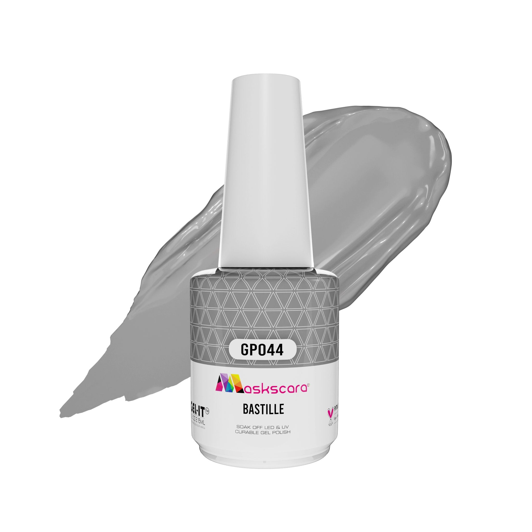 <img scr = “ GP044 Bastille.jpeg” alt = “Cool Grey gel polish colour by the brand Maskscara”>