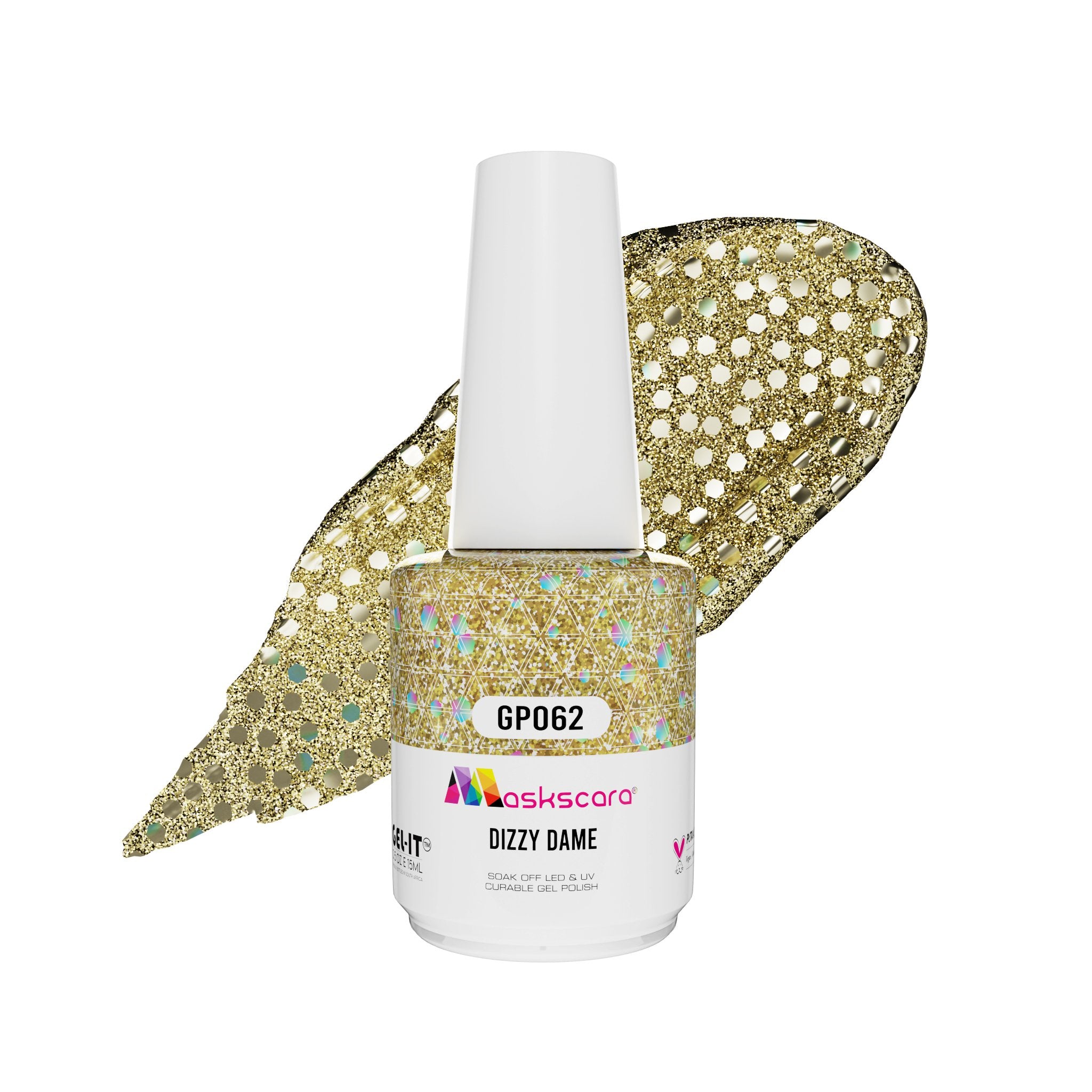 <img scr = “ GP062 Dizzy Dame.jpeg” alt = “Confetti Glitter gel polish colour by the brand Maskscara”>