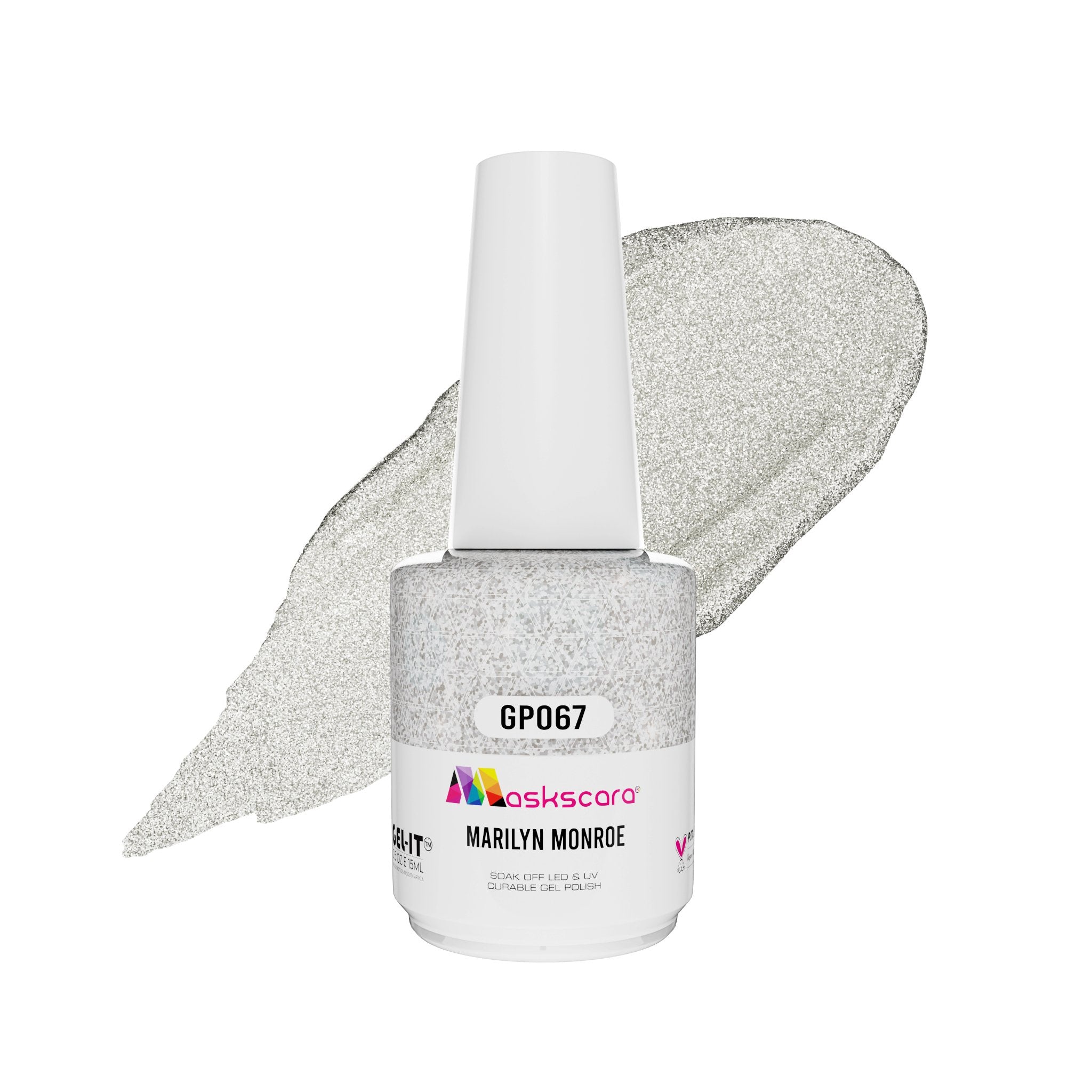 <img scr = “ GP067 Marilyn Monroe.jpeg” alt = “Metallic Silver gel polish colour by the brand Maskscara”>