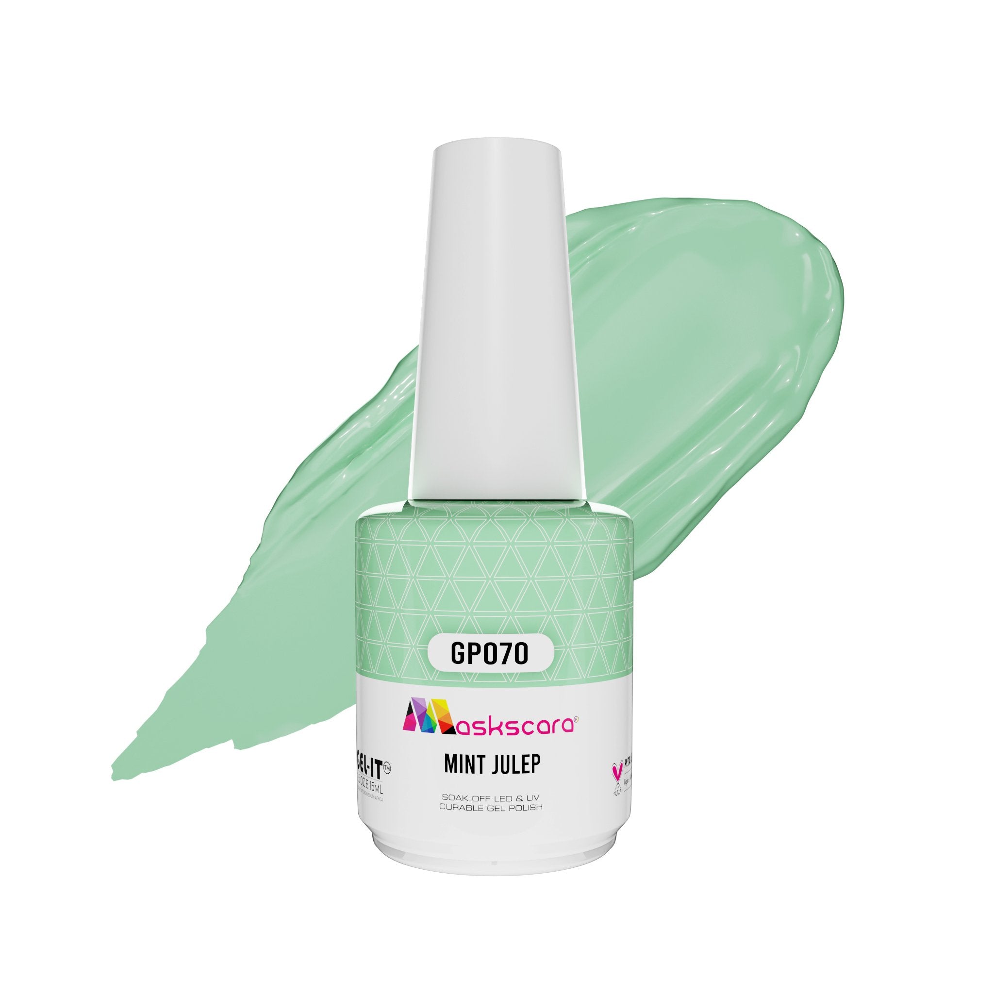 <img scr = “ GP070 Mint Julep.jpeg” alt = “Pastel Green gel polish colour by the brand Maskscara”>