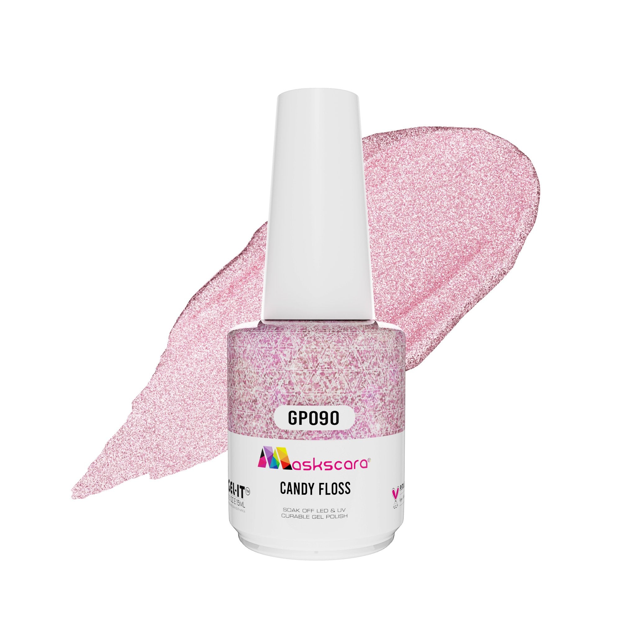 <img scr = “ GP090 Candy Floss.jpeg” alt = “Light Pink Shimmer gel polish colour by the brand Maskscara”>