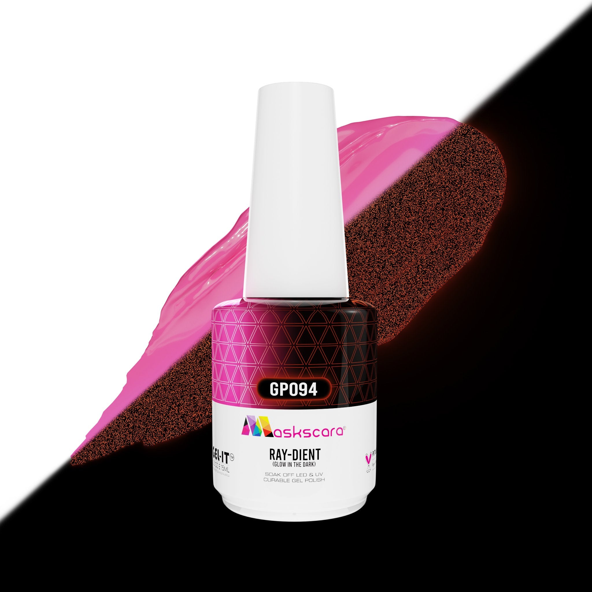 <img scr = “ GP094 Ray-dient.jpeg” alt = “Glow In The Dark Pink gel polish colour by the brand Maskscara”>