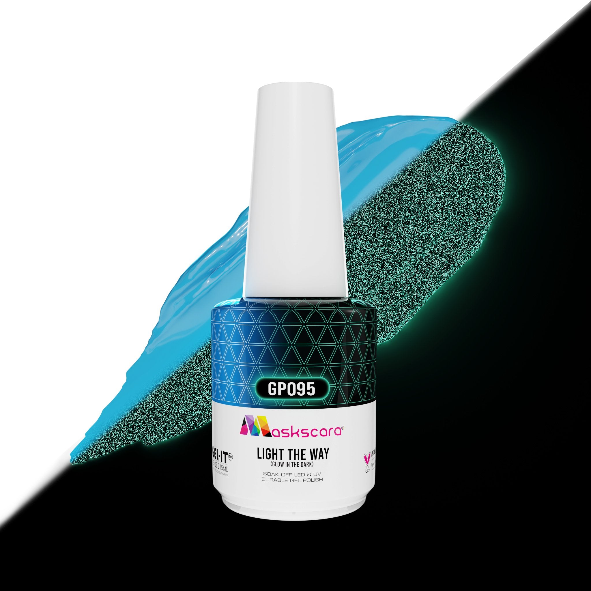 <img scr = “ GP095 Light The Way.jpeg” alt = “Glow In The Dark Blue gel polish colour by the brand Maskscara”>