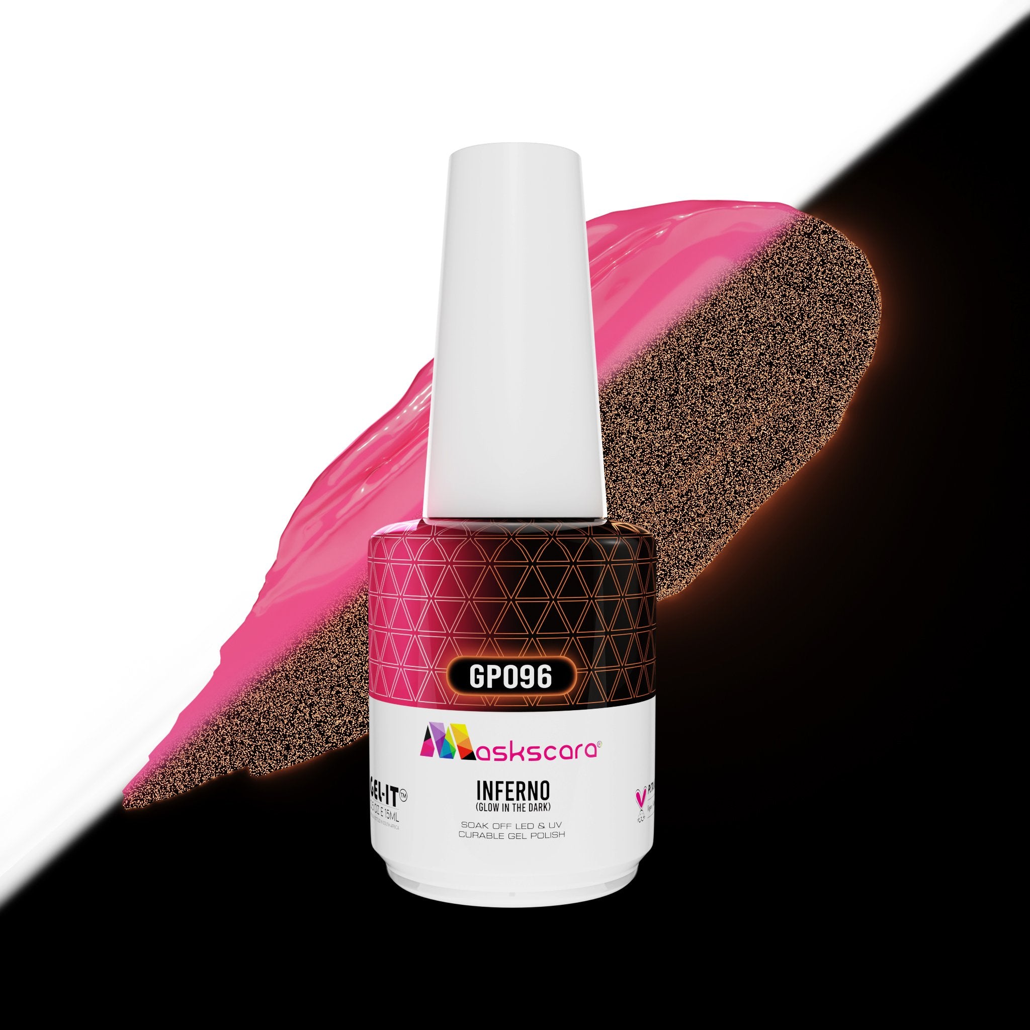 <img scr = “ GP096 Inferno.jpeg” alt = “Glow In The Dark Orange/Red gel polish colour by the brand Maskscara”>