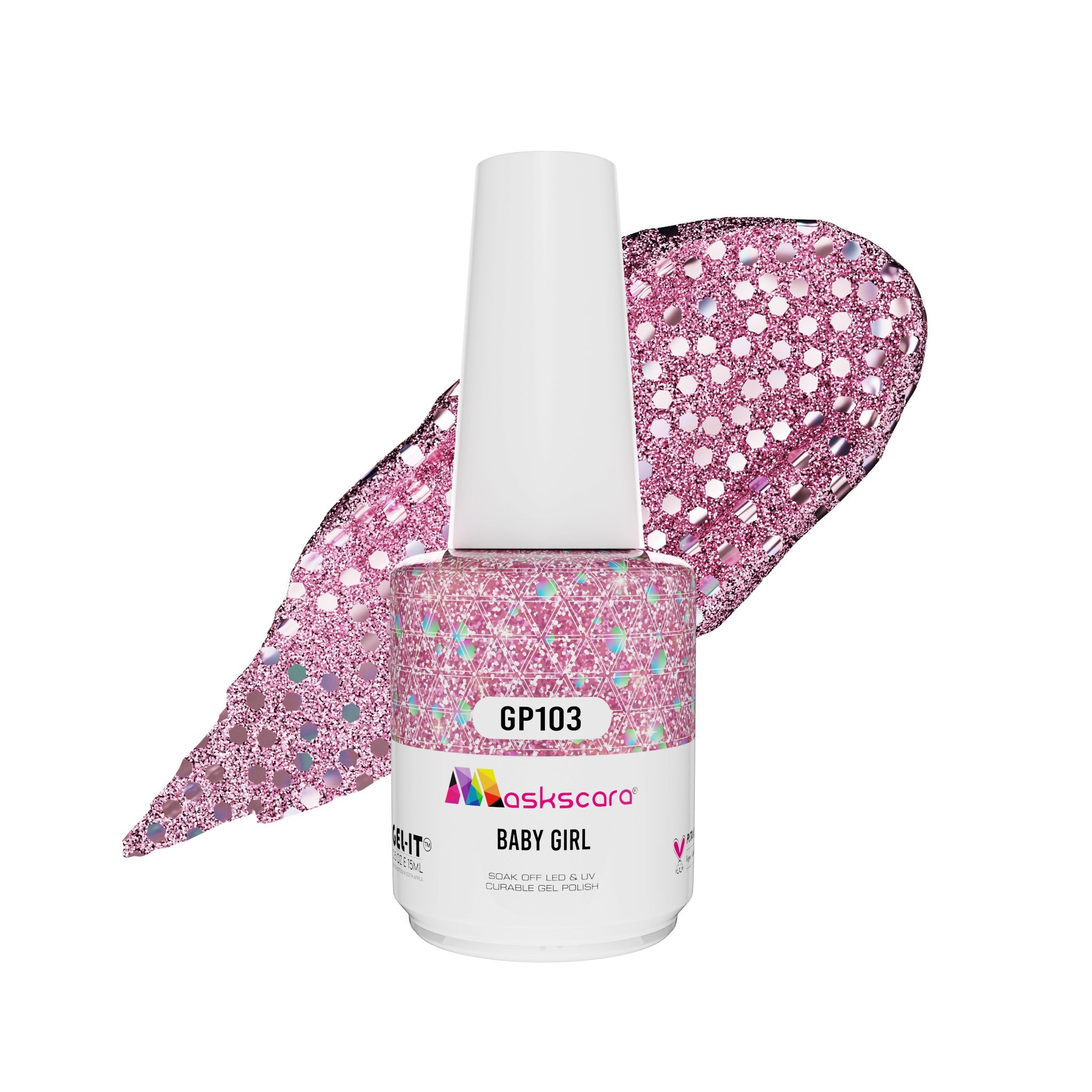 <img scr = “ GP103 Baby Girl.jpeg” alt = “Pink/Silver Glitter gel polish colour by the brand Maskscara”>