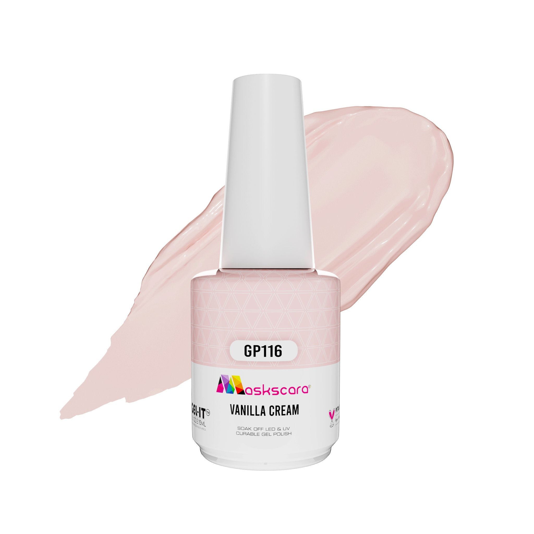 <img scr = “ GP116 Vanilla Cream.jpeg” alt = “Light Cream gel polish colour by the brand Maskscara”>