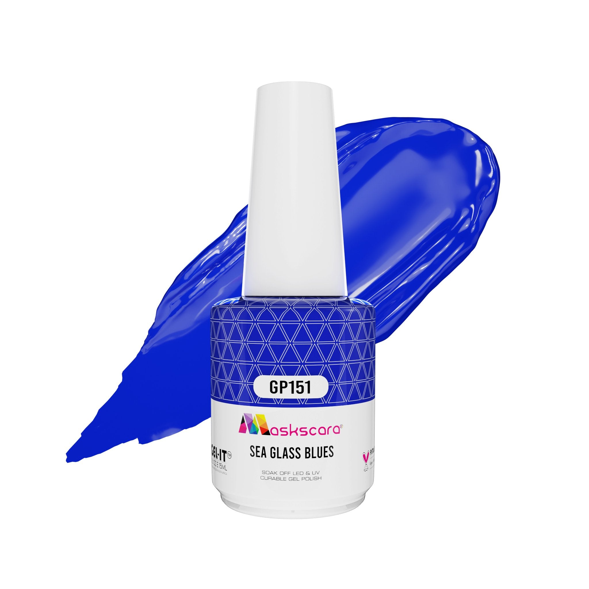 <img scr = “ GP151 Sea Glass Blues.jpeg” alt = “Bright Royal Blue gel polish colour by the brand Maskscara”>