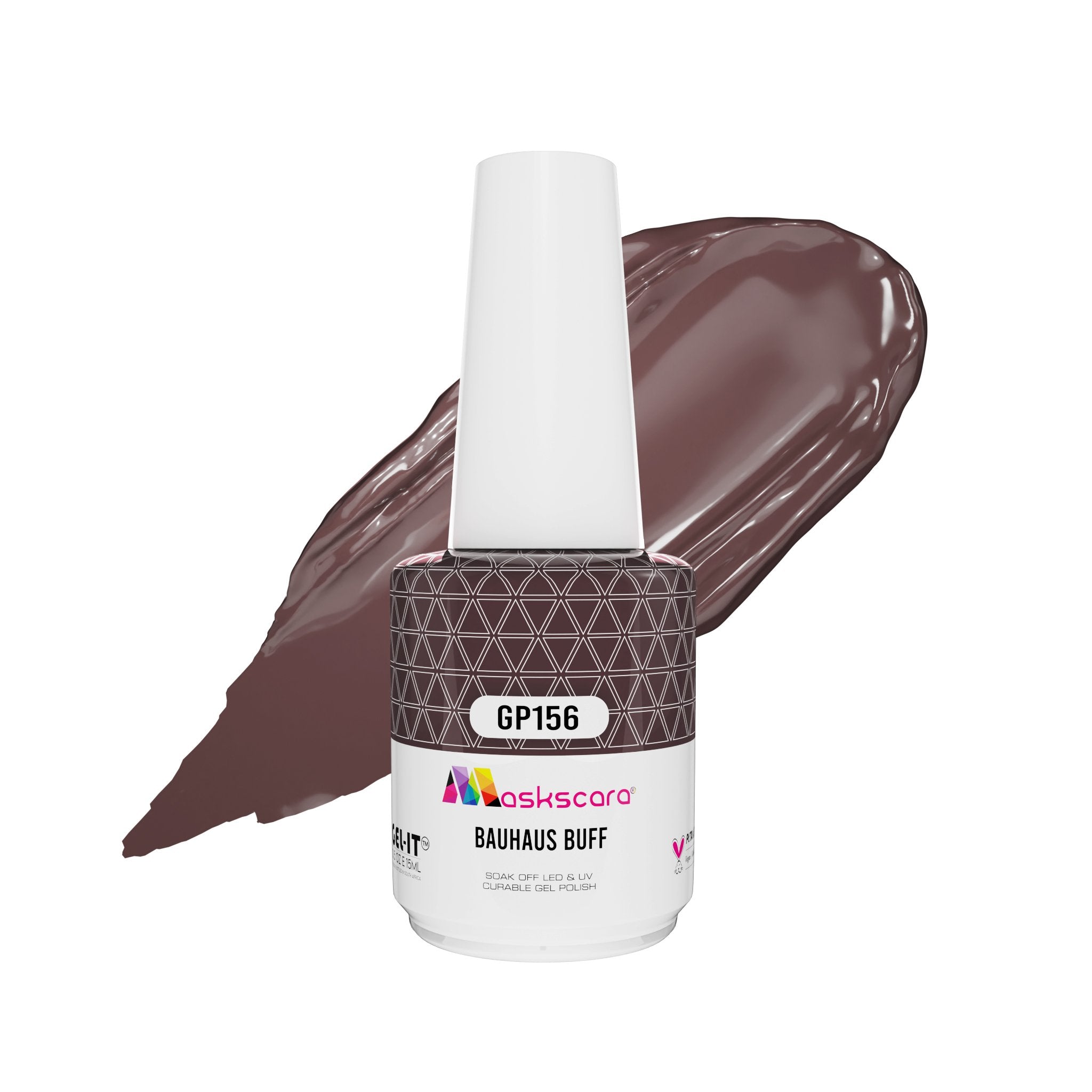 <img scr = “ GP156 Bauhaus Buff.jpeg” alt = “Nude gel polish colour by the brand Maskscara”>