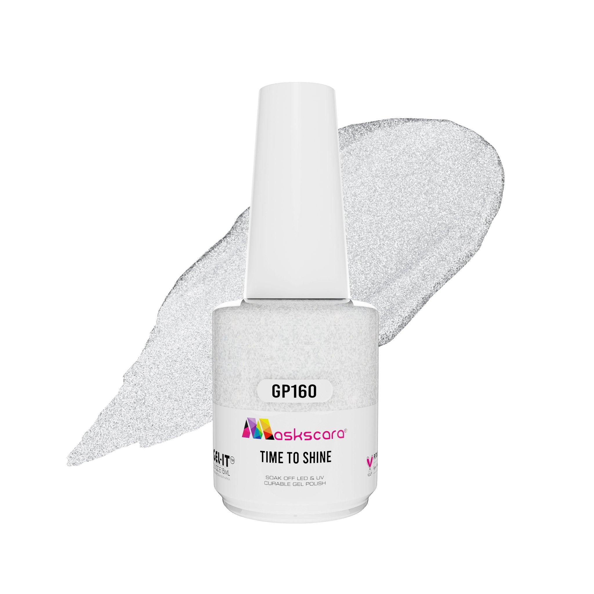 <img scr = “ GP160 Time To Shine.jpeg” alt = “Sliver Glitter gel polish colour by the brand Maskscara”>