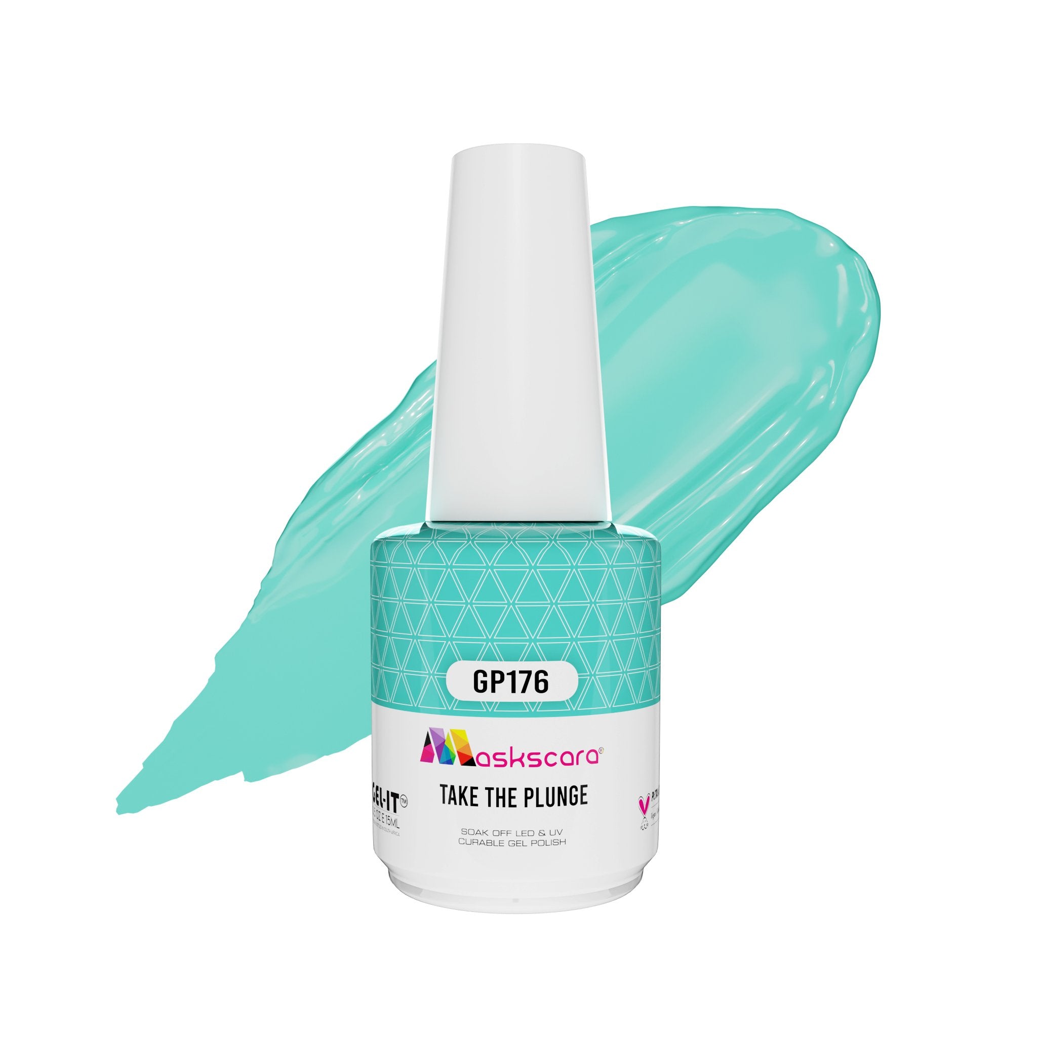 <img scr = “ GP176 Take The Plunge.jpeg” alt = “Bright Turquoise Blue gel polish colour by the brand Maskscara”>