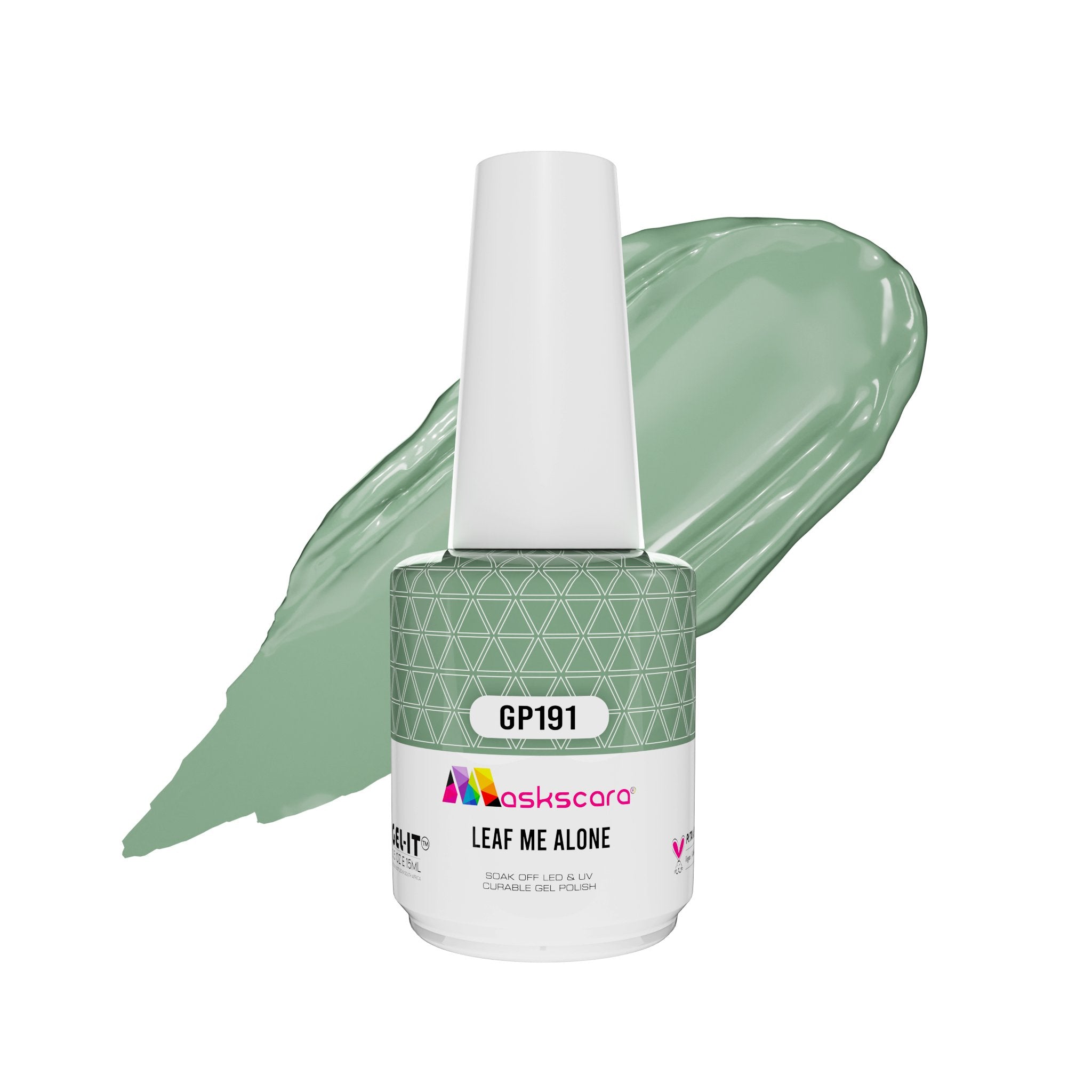 <img scr = “ GP191 Leaf Me Alone.jpeg” alt = “Pastel Khaki Green gel polish colour by the brand Maskscara”>
