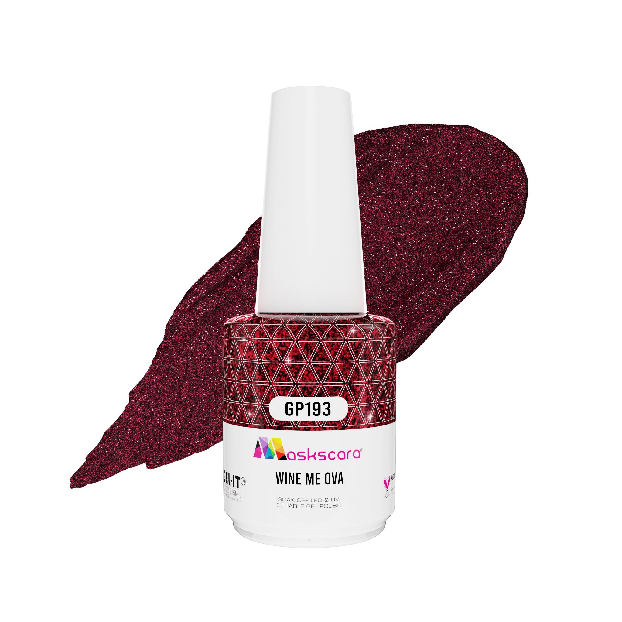 <img scr = “ GP193 Wine Me Ova.jpeg” alt = “Deep Red Pearl gel polish colour by the brand Maskscara”>