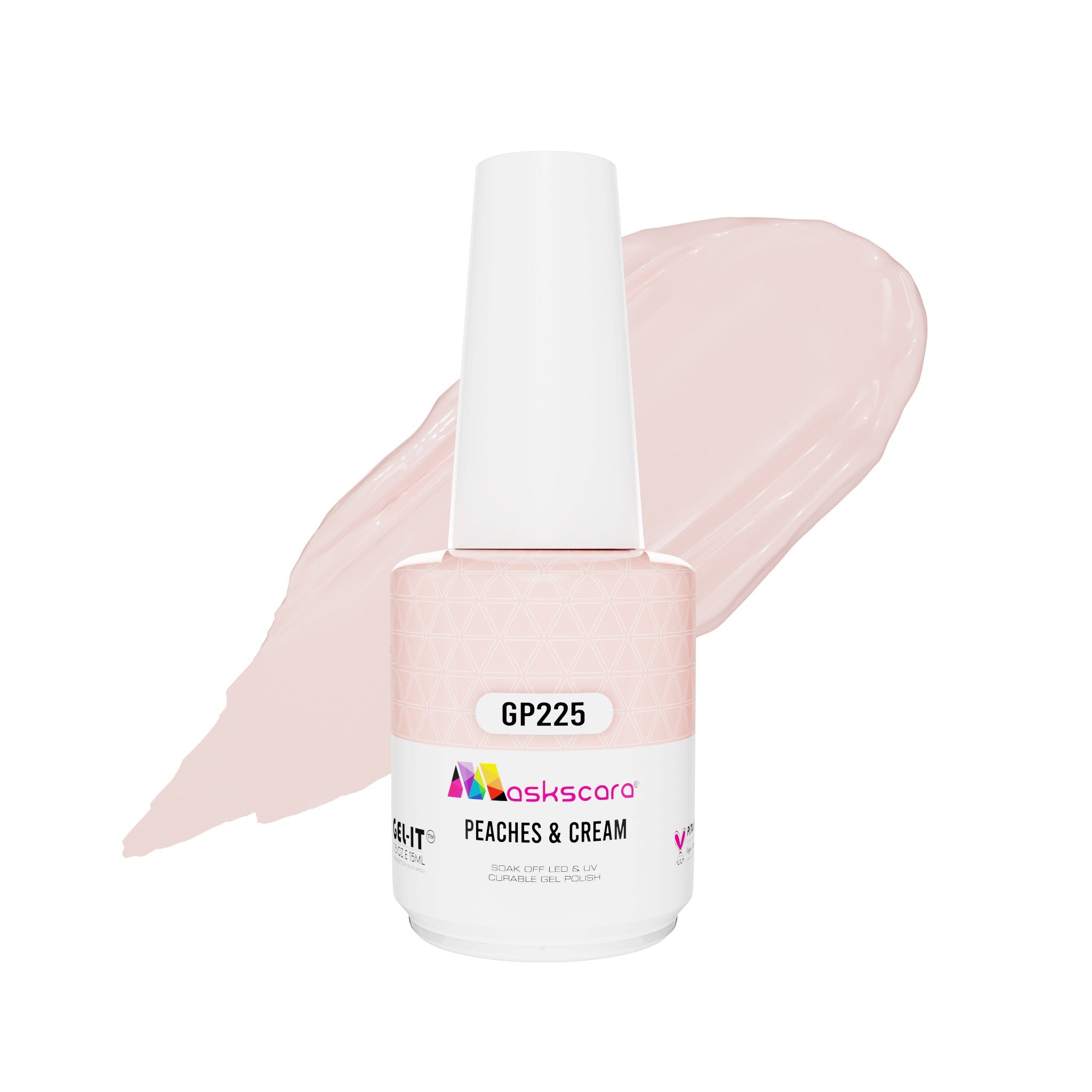 <img scr = “ GP225 Peaches & Cream.png” alt = “True Peach gel polish colour by the brand Maskscara”>