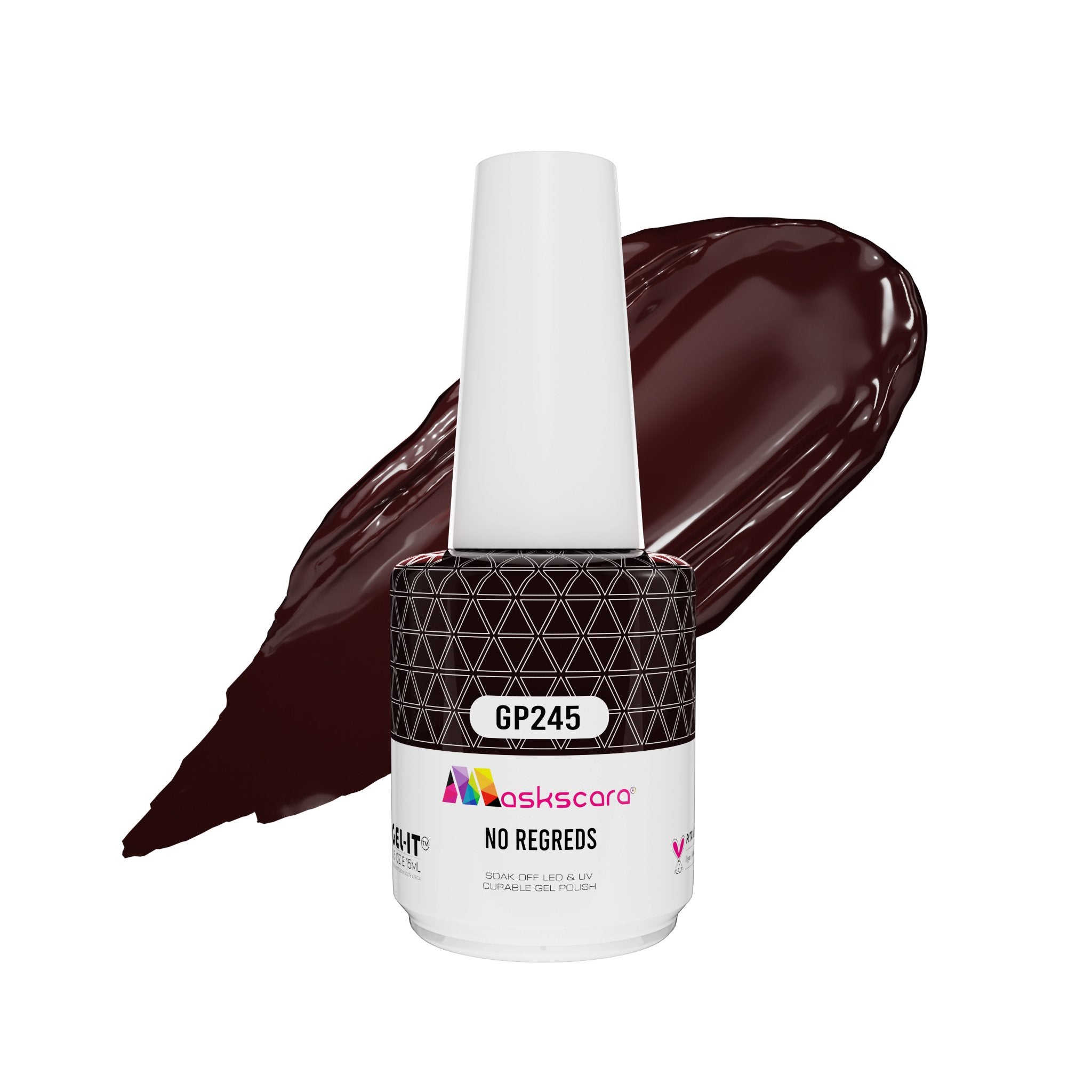 <img scr = “ GP245 No Regreds.jpeg” alt = “Burgundy Plum gel polish colour by the brand Maskscara”>