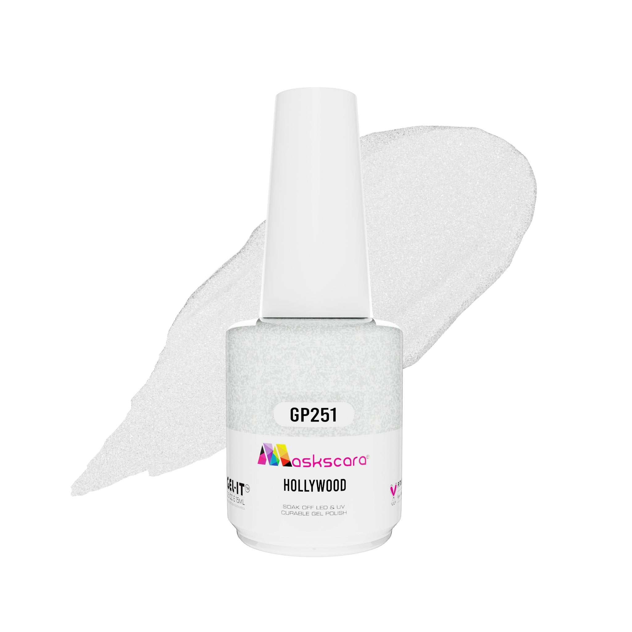 <img scr = “ GP251 Hollywood.jpeg” alt = “White Shimmer gel polish colour by the brand Maskscara”>