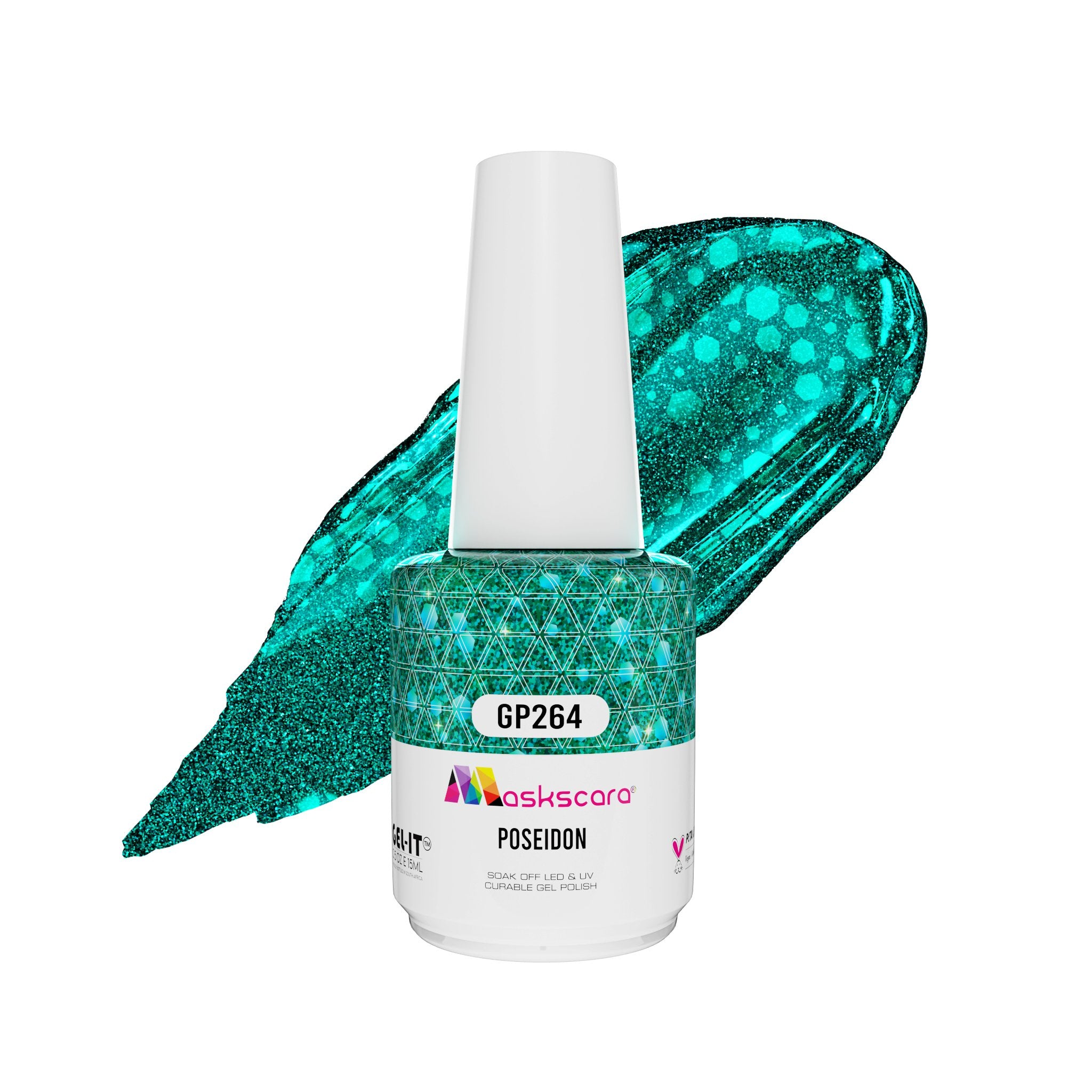 <img scr = “ GP264 Poseidon.jpeg” alt = “Blue/Teal Glitter gel polish colour by the brand Maskscara”>