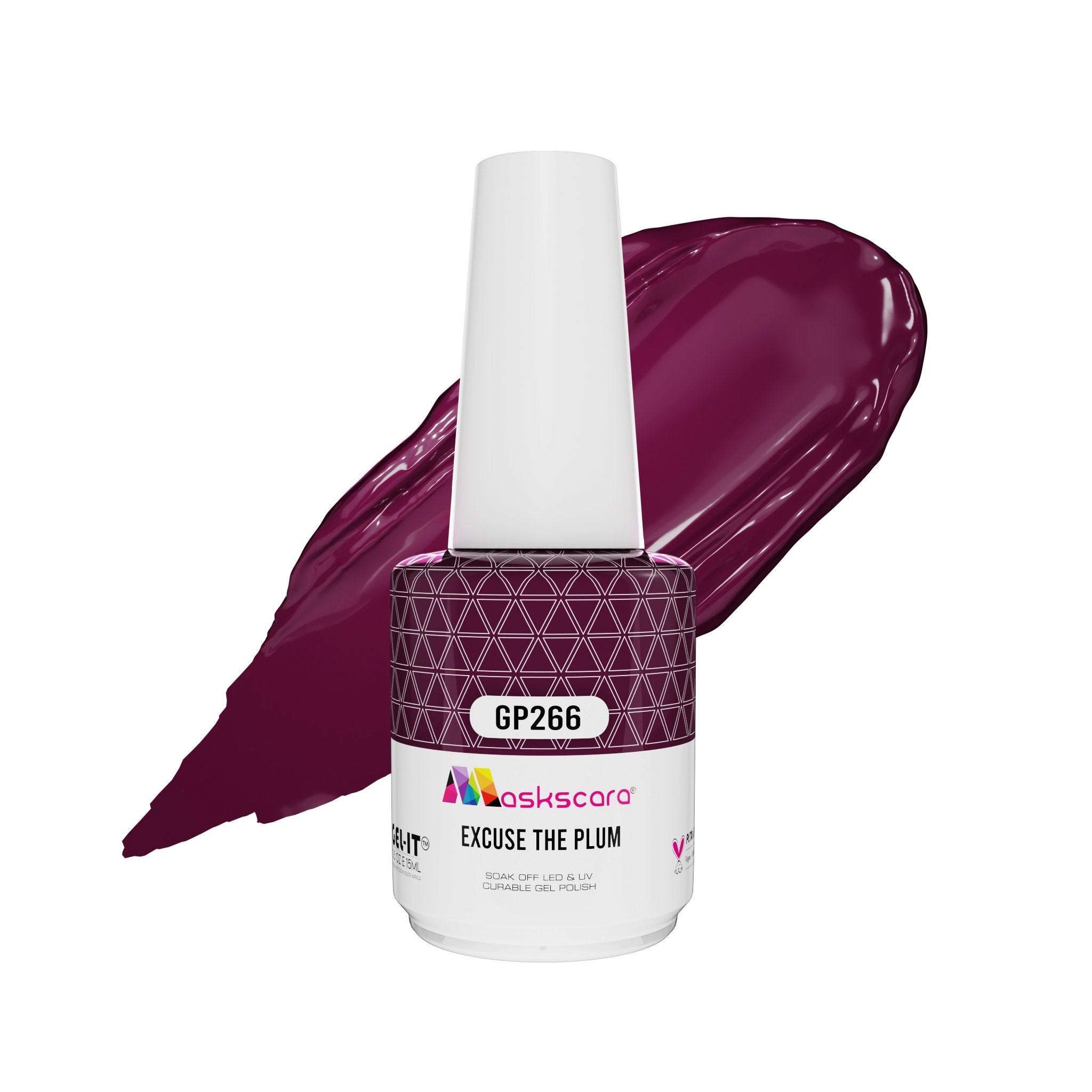 <img scr = “ GP266 Excuse The Plum.jpeg” alt = “Plum gel polish colour by the brand Maskscara”>