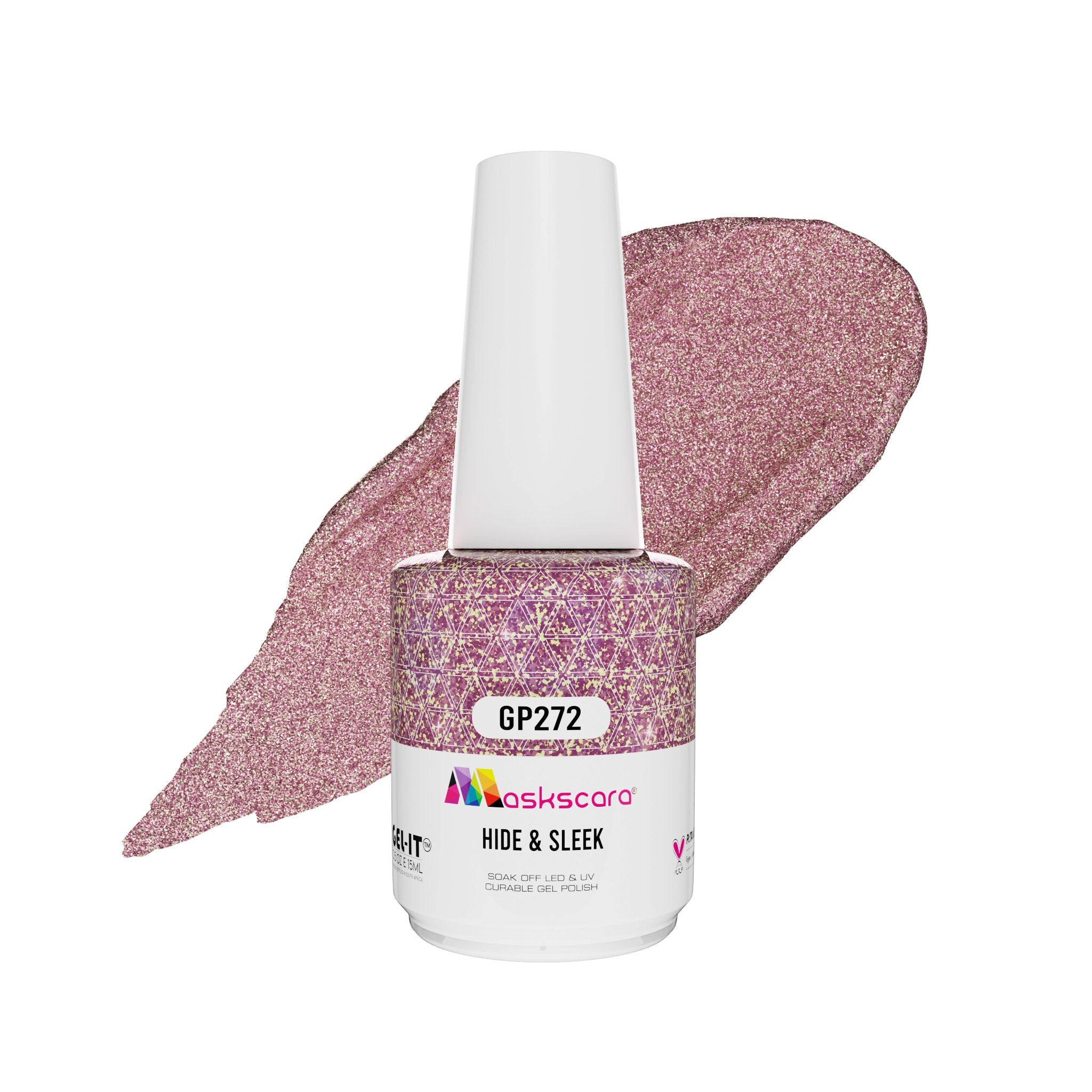 <img scr = “ GP272 Hide & Sleek.jpeg” alt = “Purple Gold Shimmer gel polish colour by the brand Maskscara”>