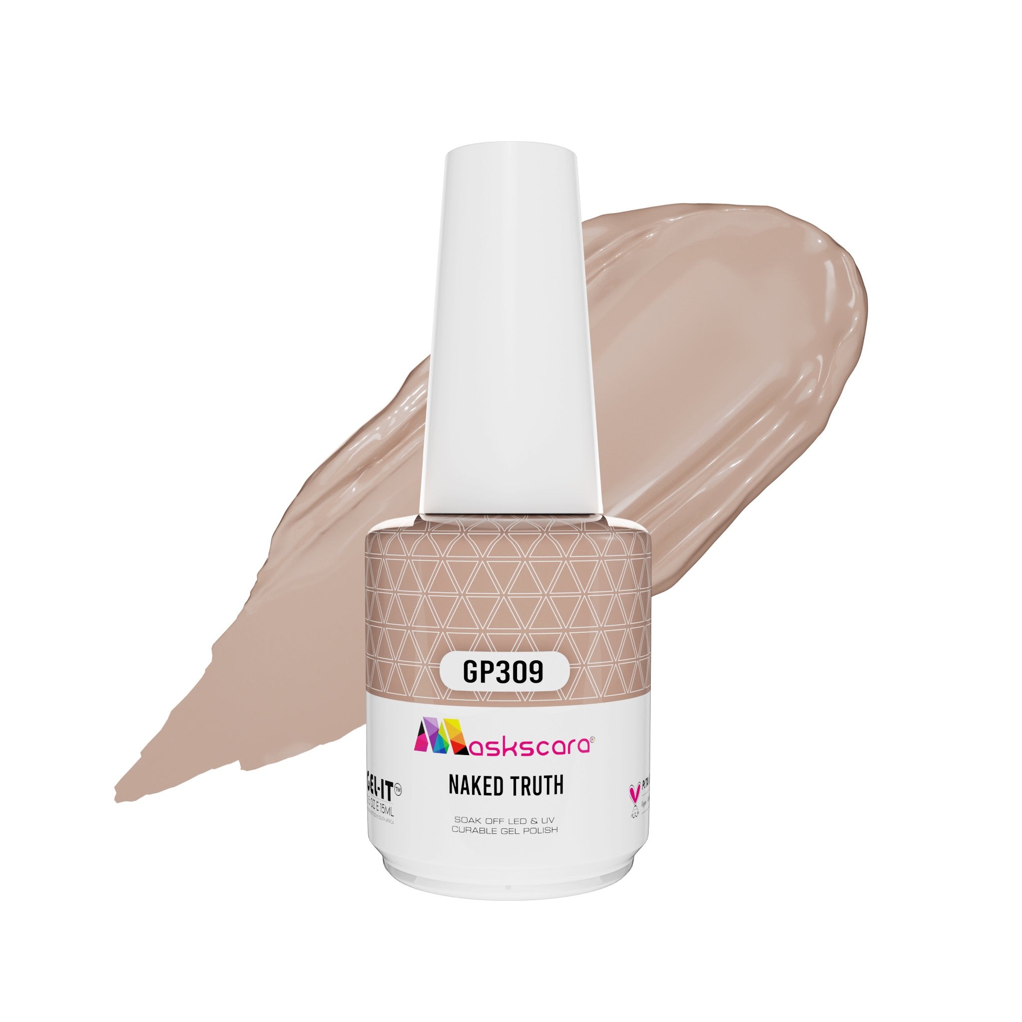 <img scr = “ GP309 Naked Truth.jpeg” alt = “Nude gel polish colour by the brand Maskscara”>