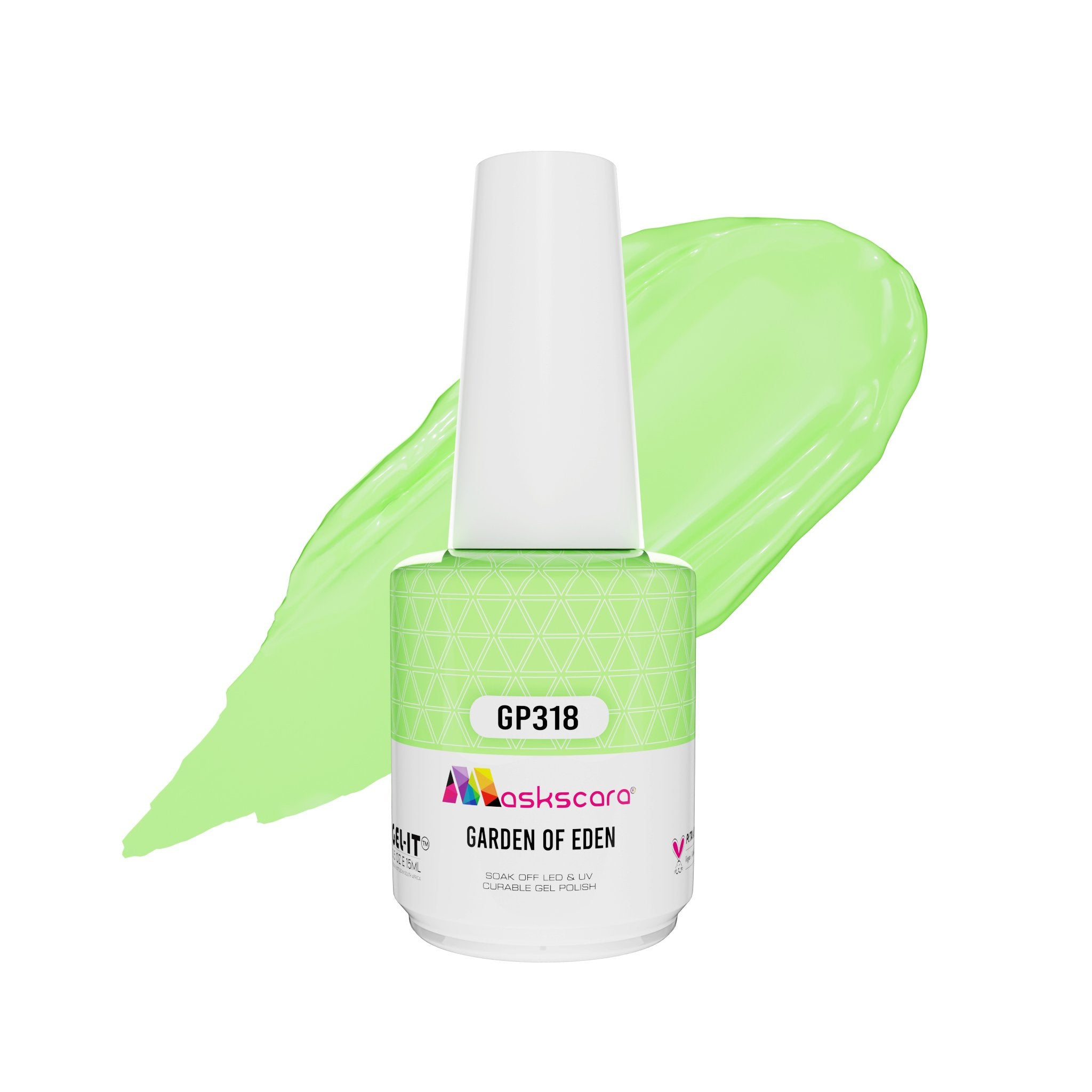 <img scr = “ GP318 Garden Of Eden.jpeg” alt = “Light Apple Green gel polish colour by the brand Maskscara”>