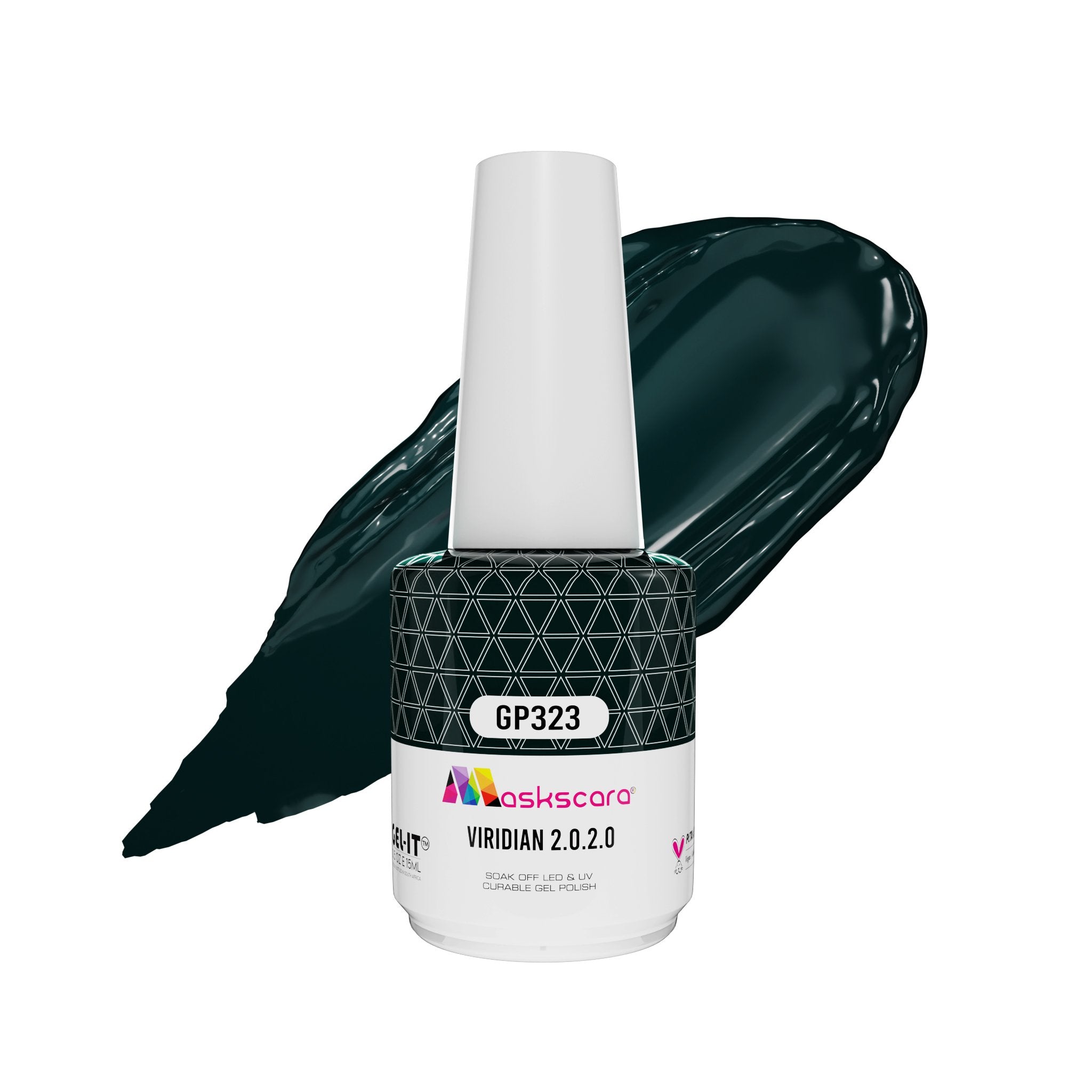 <img scr = “ GP323 Viridian 2.0.2.0.jpeg” alt = “Dark Emerald Green gel polish colour by the brand Maskscara”>