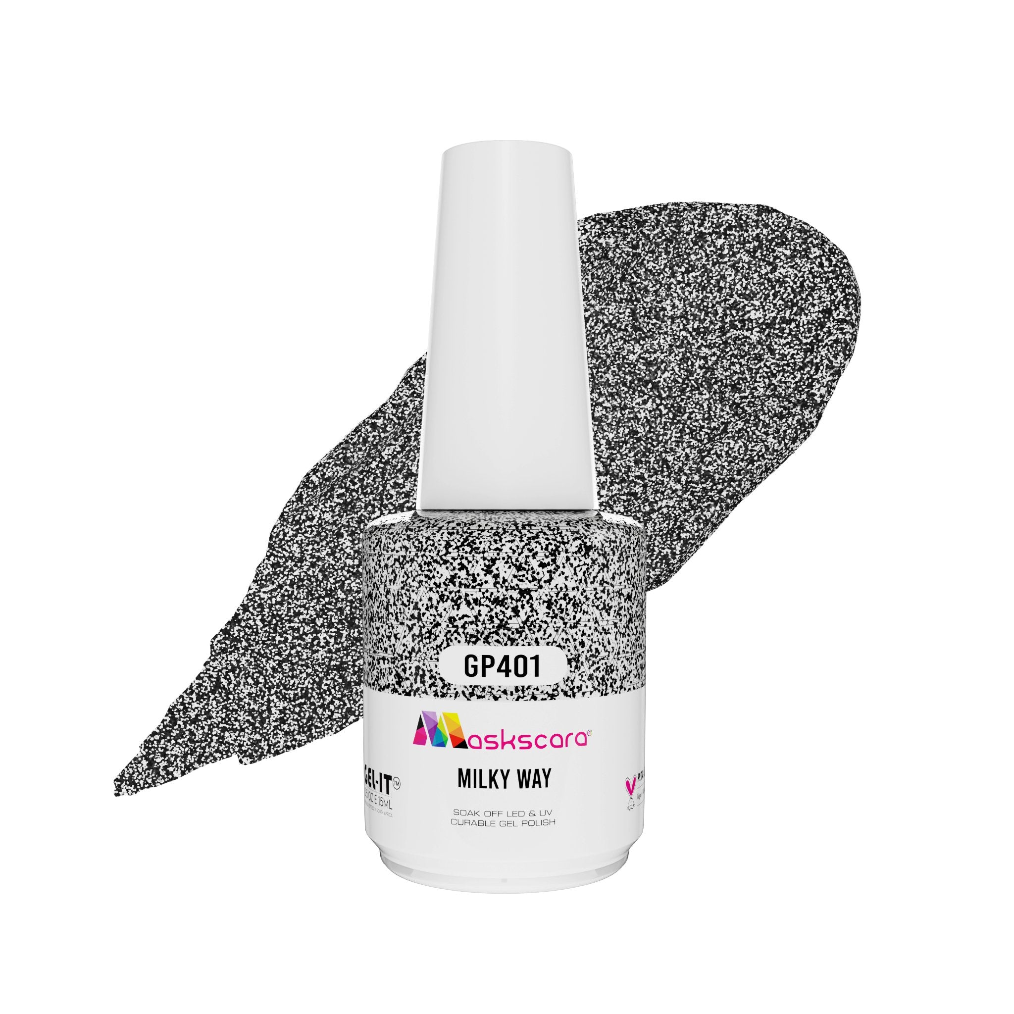 <img scr = “ GP401 Milky Way.jpeg” alt = “Black And White Speckled gel polish colour by the brand Maskscara”>