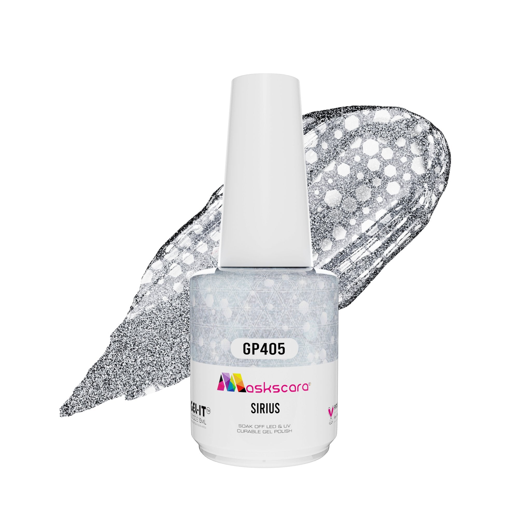 <img scr = “ GP405 Sirius.jpeg” alt = “Chunky Sliver Glitter gel polish colour by the brand Maskscara”>