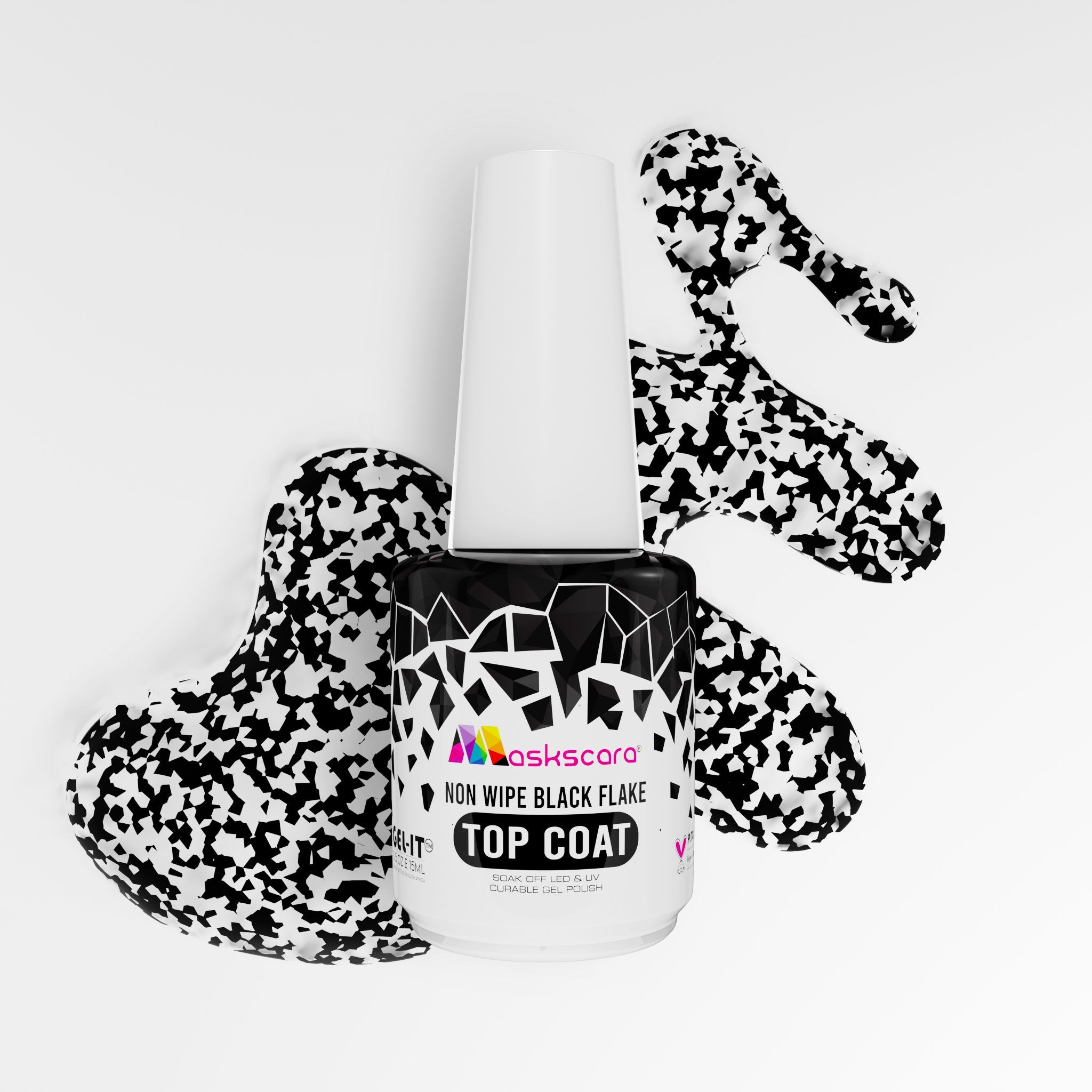 <img scr = “Maskscara Non Wipe Top Coat - Black Flake.jpg” alt = “Black Flake Top Coat by the brand Maskscara”>