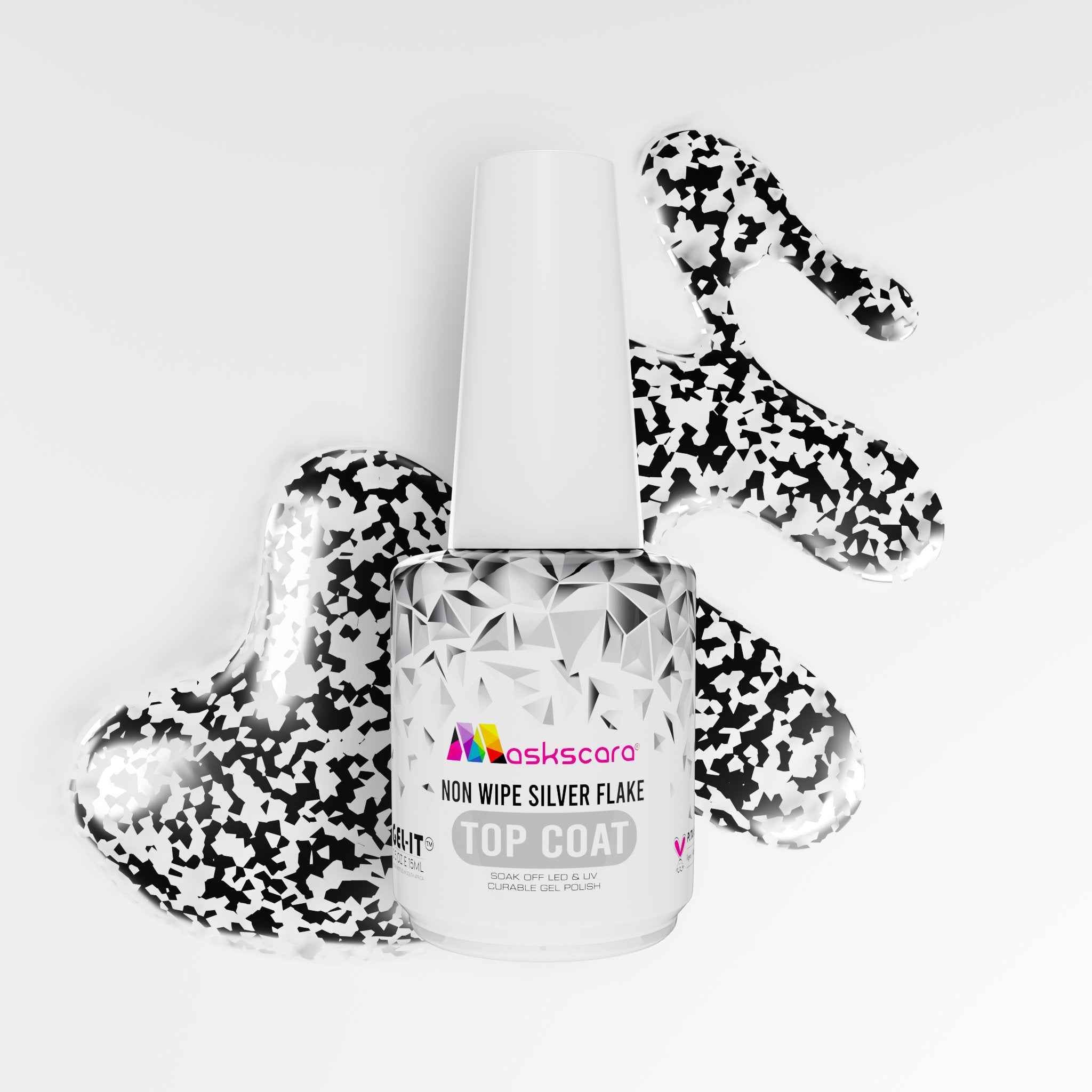 <img scr = “Maskscara Non Wipe Top Coat - Silver Flake.jpg” alt = “Silver Flake Top Coat by the brand Maskscara”>