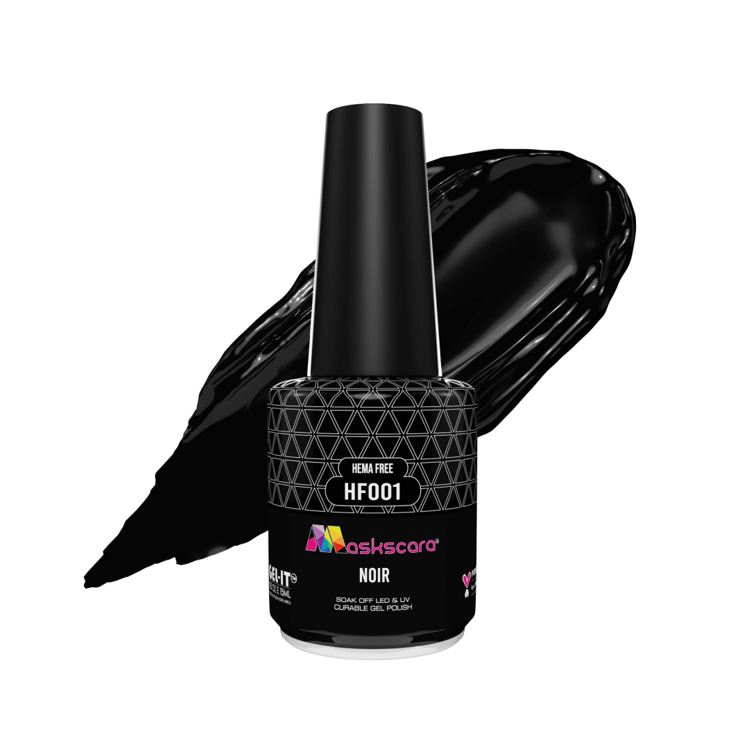 <img src="Close-up view of a black gel nail polish bottle labeled 'HF001 Noir' from Maskscara, featuring a glossy finish and modern design.">