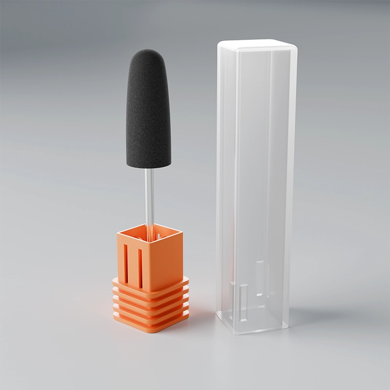 <img src="black-silicone-e-file-bit.webp" alt="black foam nail drill polishing bit with metal shank for smoothing acrylic and gel nails">