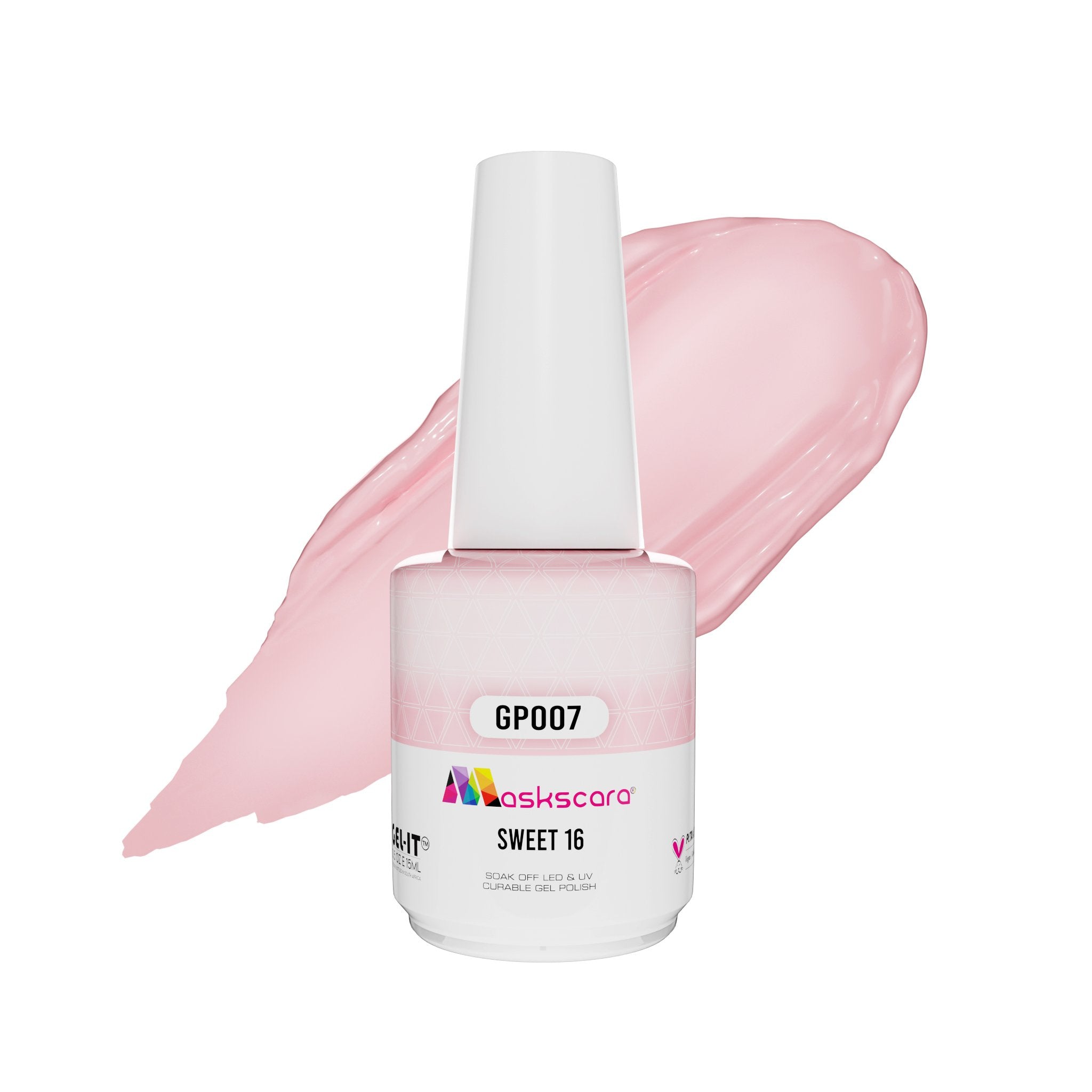 <img scr = “ GP007 Sweet 16.jpeg” alt = “Translucent french pink gel polish colour by the brand Maskscara”>