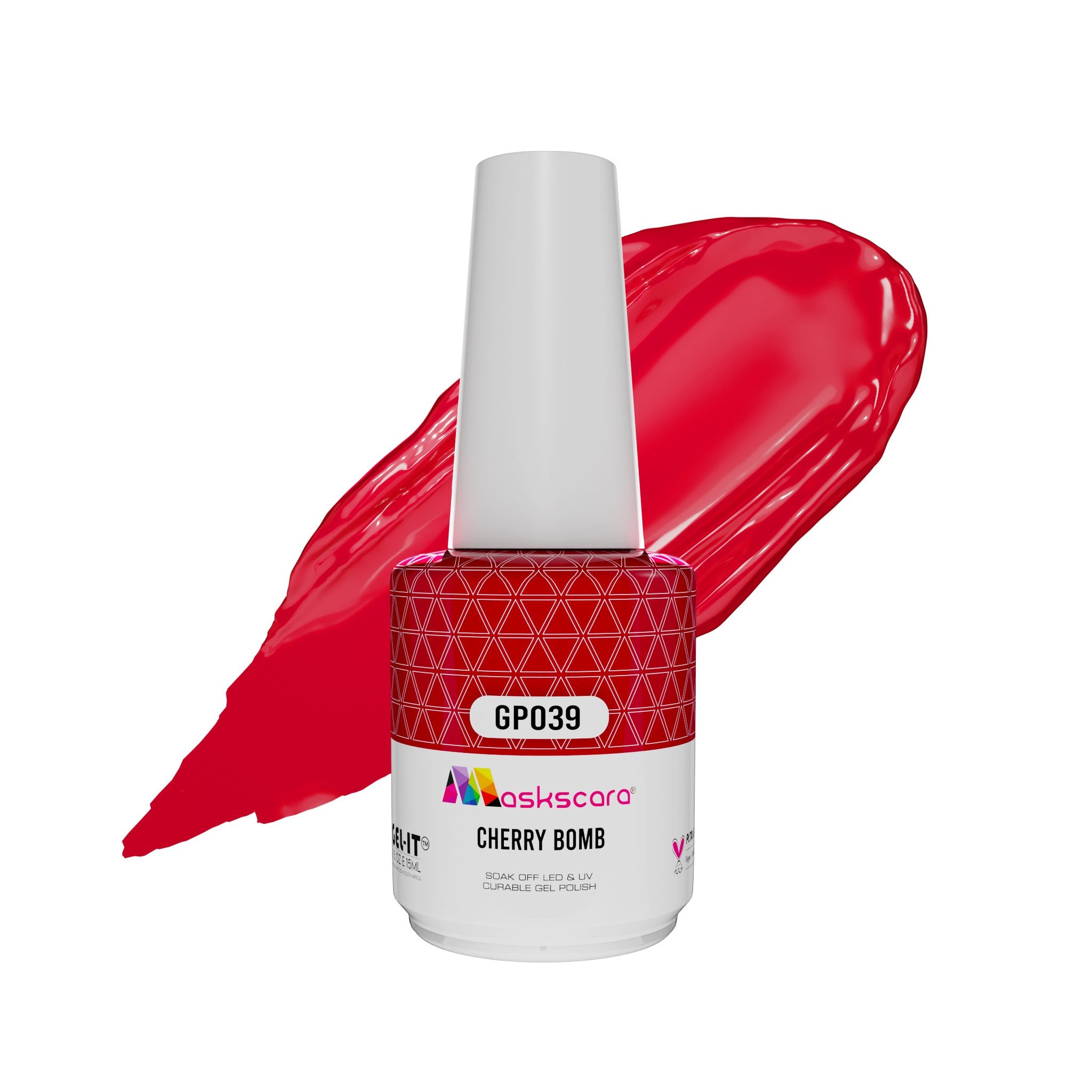 <img scr = “ GP039 Cherry Bomb.jpeg” alt = “Crimson Red gel polish colour by the brand Maskscara”>