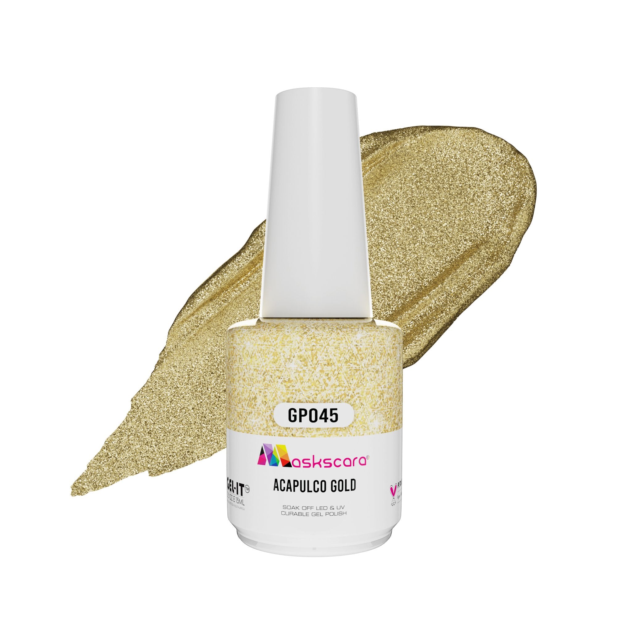 <img scr = “ GP045 Acapulca Gold.jpeg” alt = “Gold Glitter gel polish colour by the brand Maskscara”>