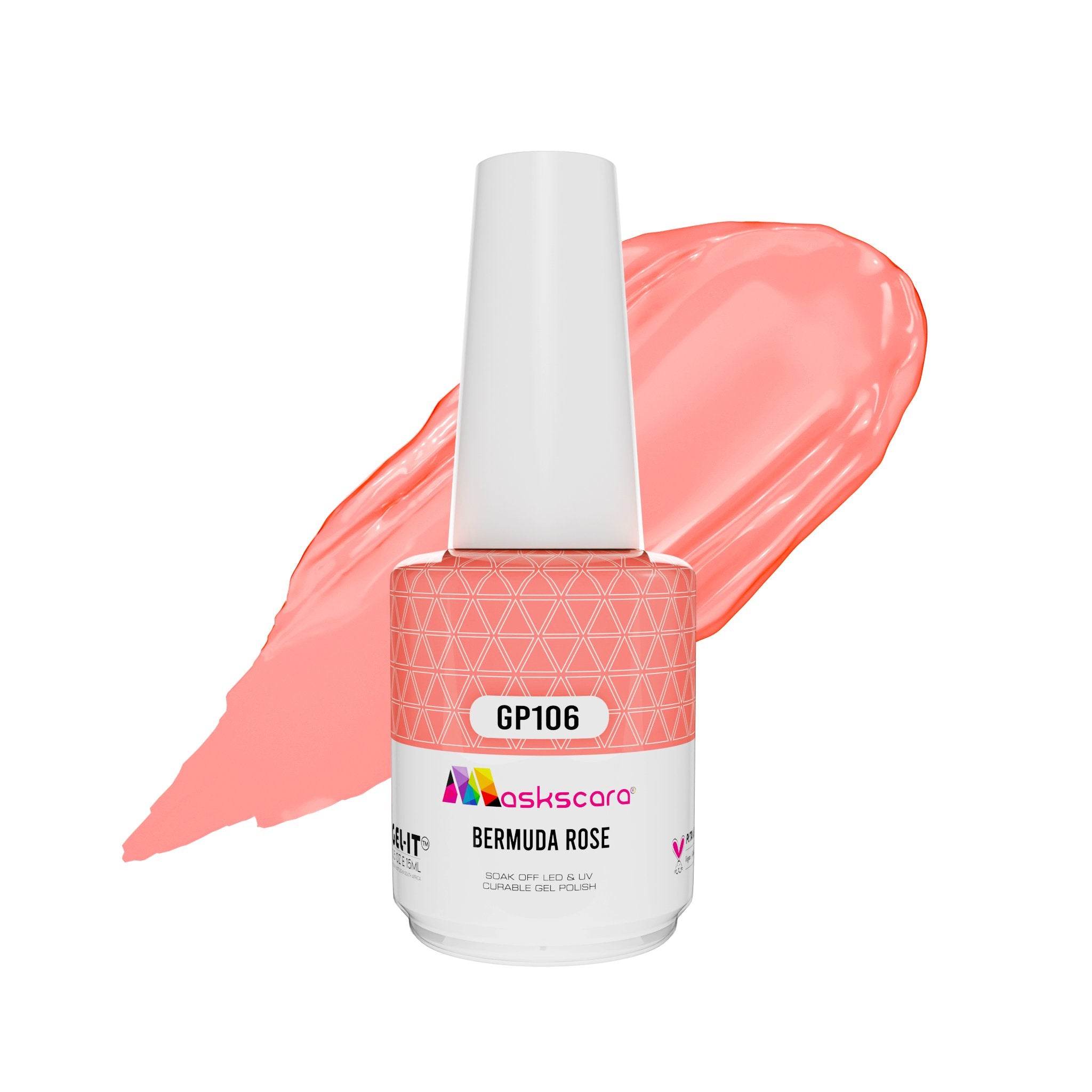<img scr = “ GP106 Bermuda Rose.jpeg” alt = “Bright Salmon gel polish colour by the brand Maskscara”>