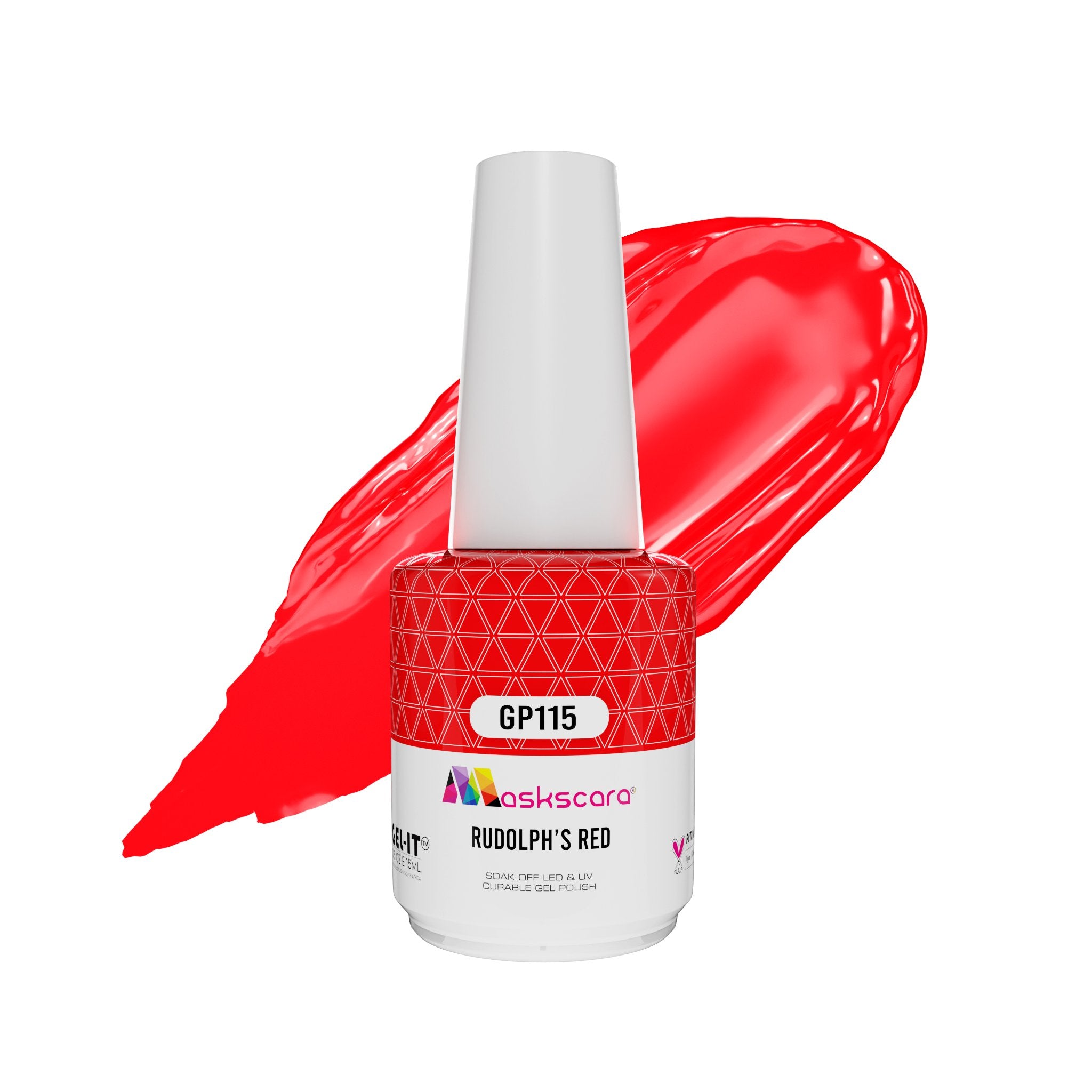 <img scr = “ GP115 Rudolph's Red.jpeg” alt = “Neon Red gel polish colour by the brand Maskscara”>