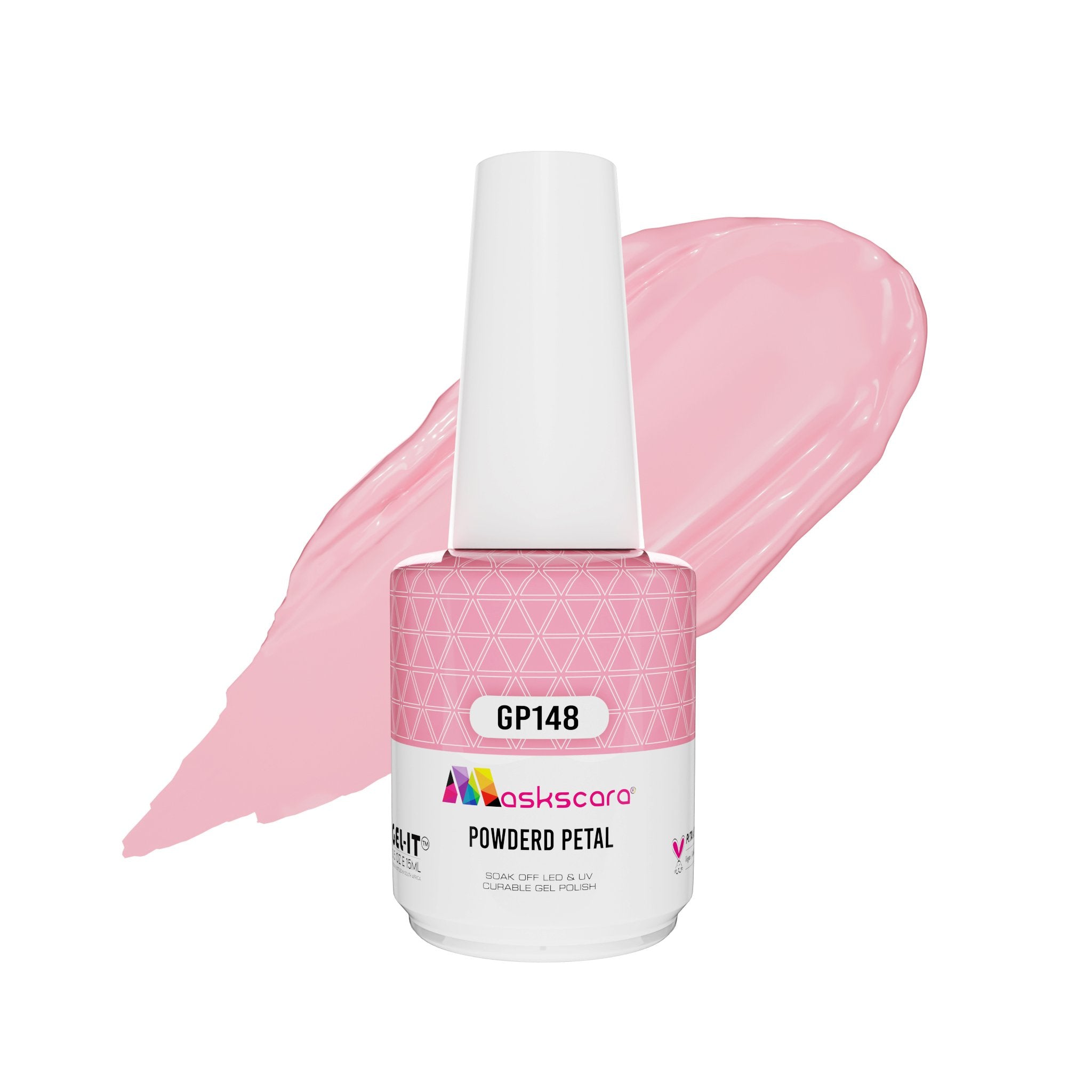 <img scr = “ GP148 Powderd Petal.jpeg” alt = “Pale Rose gel polish colour by the brand Maskscara”>