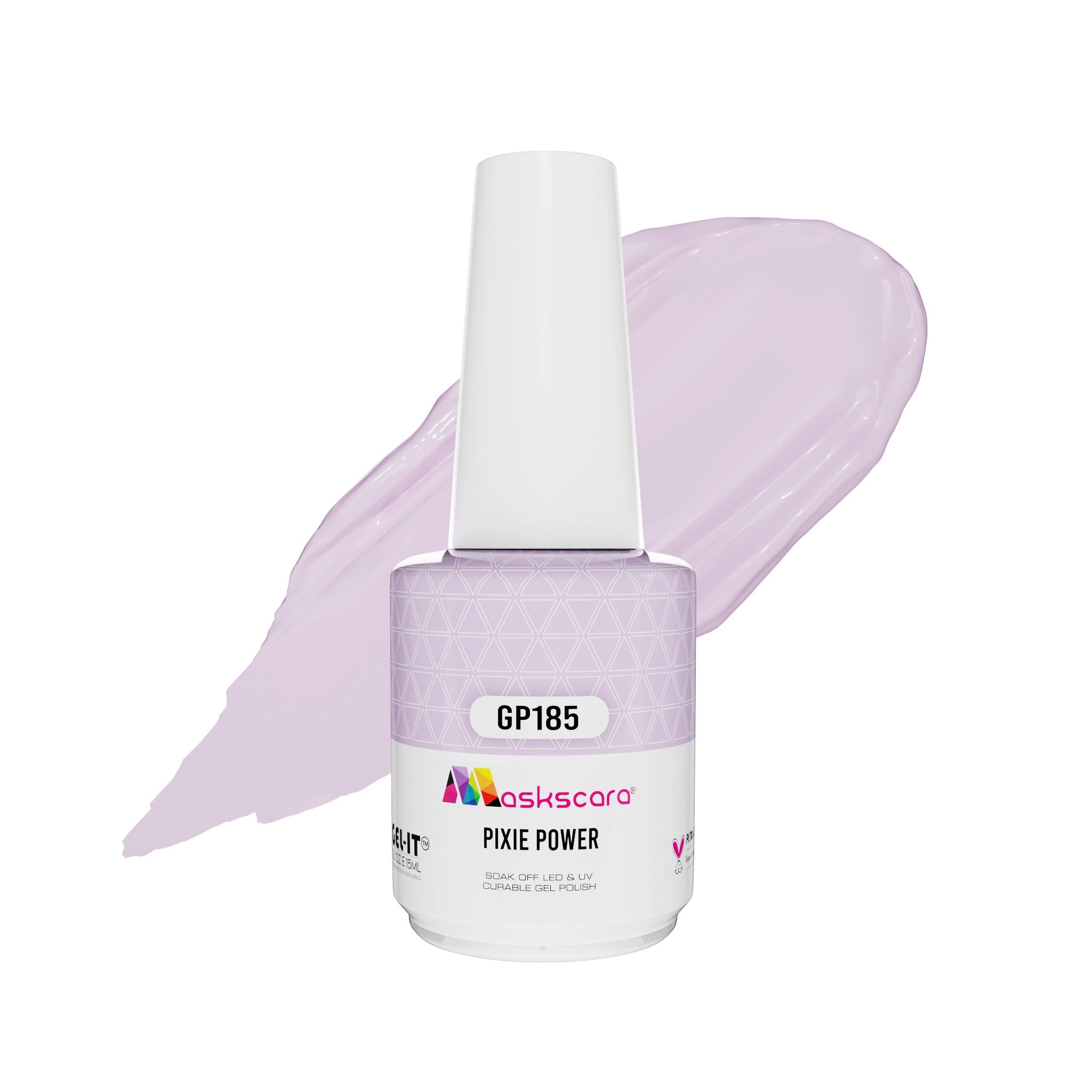 <img scr = “ GP185 Pixie Power.jpeg” alt = “Lightest Pastel Lavender gel polish colour by the brand Maskscara”>