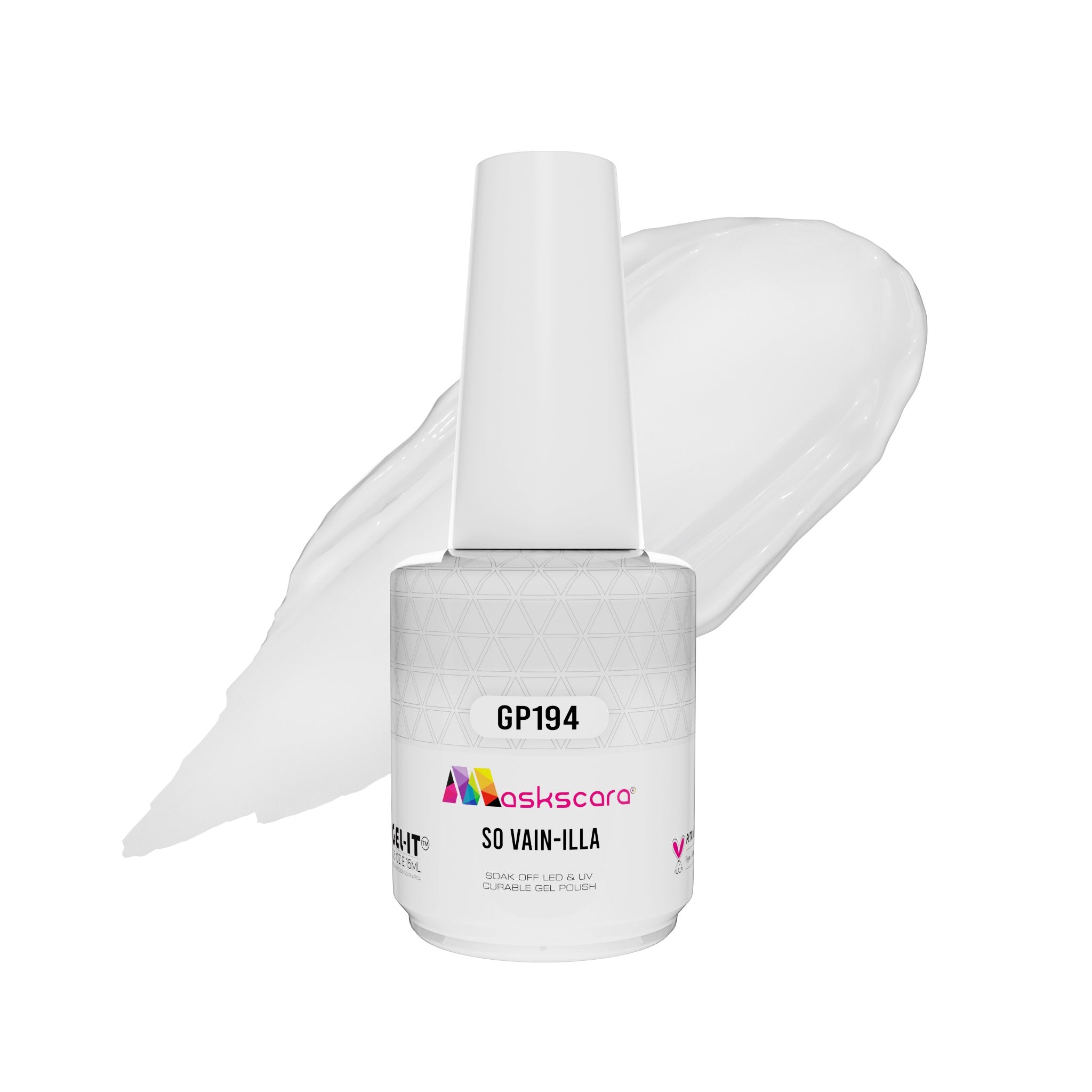 <img scr = “ GP194 So Vain-illa.jpeg” alt = “Milky White gel polish colour by the brand Maskscara”>