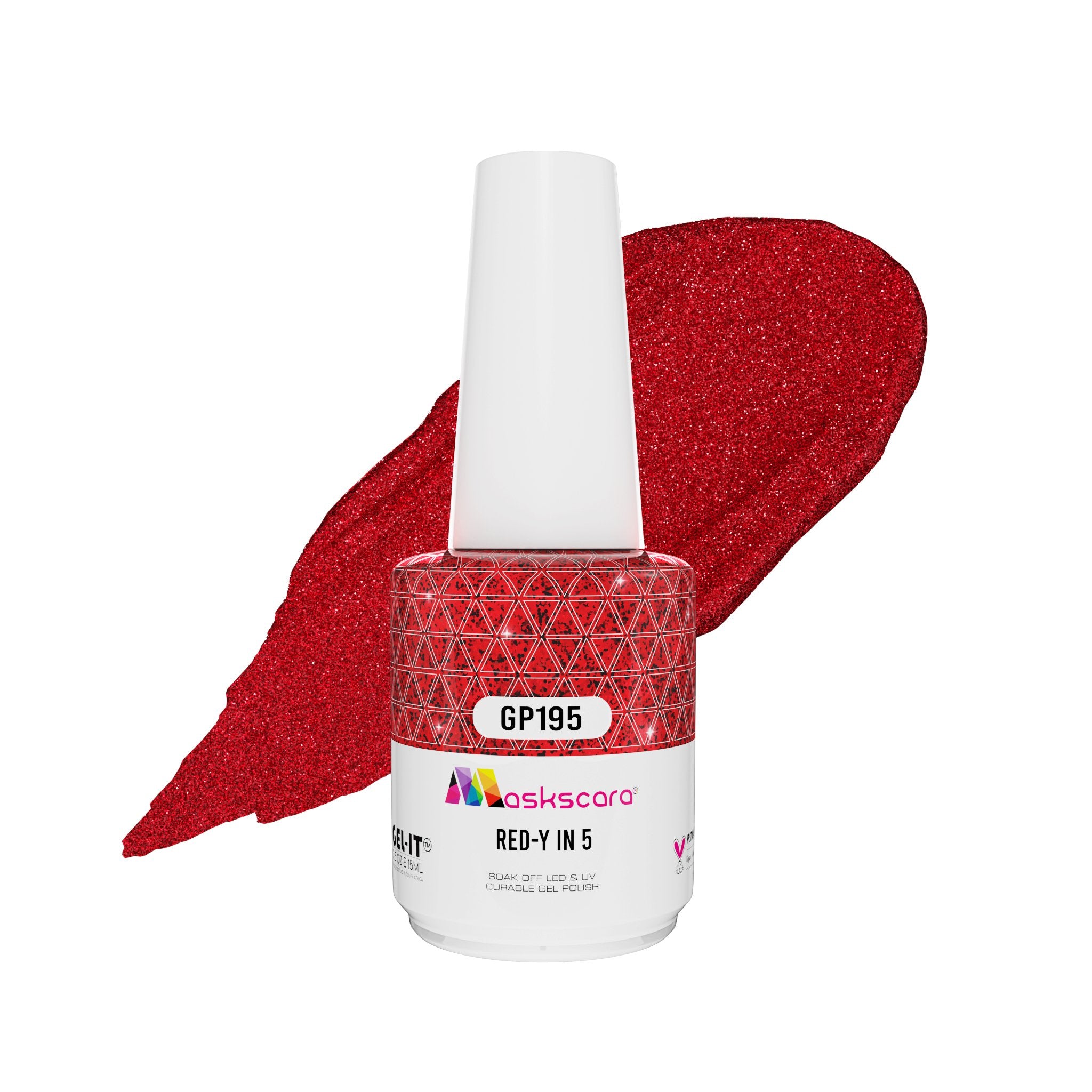 <img scr = “ GP195 Red-Y In 5.jpeg” alt = “Bright Pearl Red gel polish colour by the brand Maskscara”>