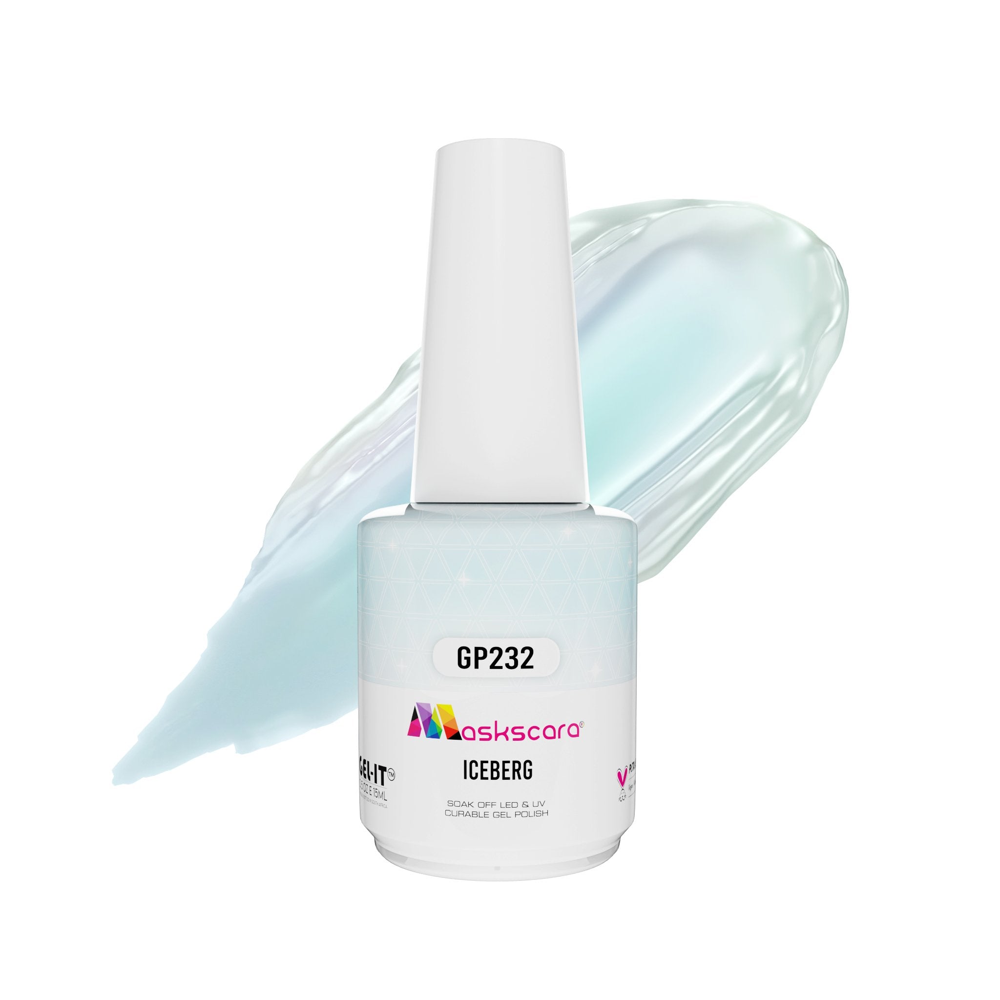<img scr = “ GP232 Iceberg.jpeg” alt = “Pearlescent White gel polish colour by the brand Maskscara”>