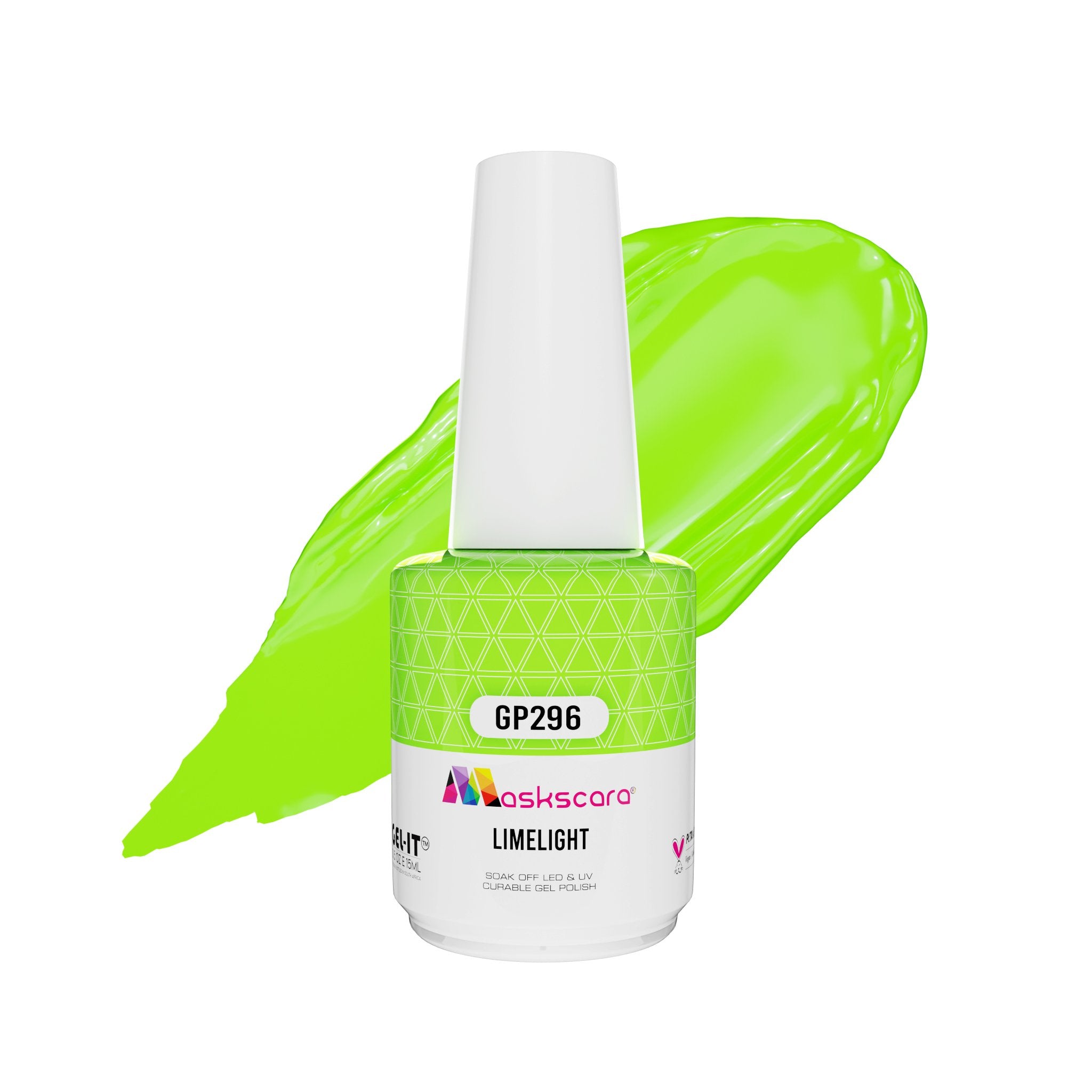 <img scr = “ GP296 Limelight.jpeg” alt = "Acid Green gel polish colour by the brand Maskscara”>