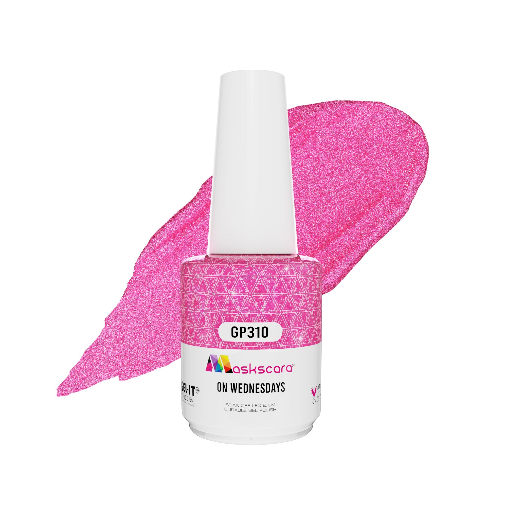 <img scr = “ GP310 On Wednesdays.jpeg” alt = “Holographic Pink gel polish colour by the brand Maskscara”>