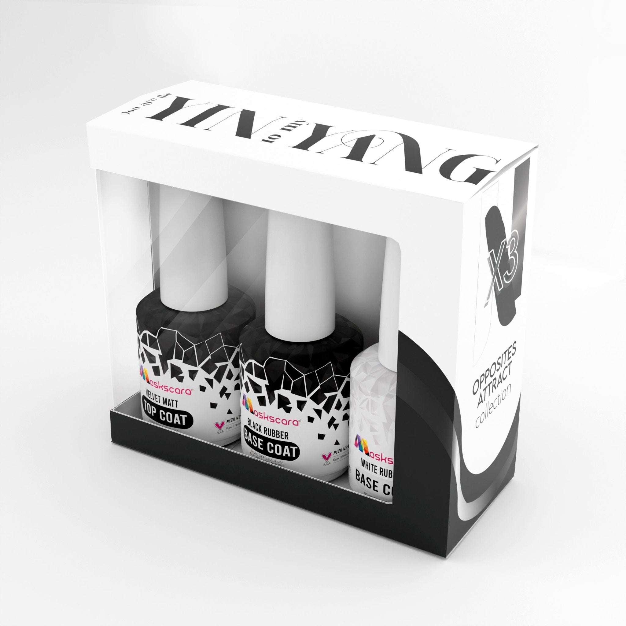 <img scr = “Maskscara Gel-It 3 Pack Opposites Attract Kit.jpg” alt = “Back and White Rubber Base Coat Kit by the brand Maskscara ”>